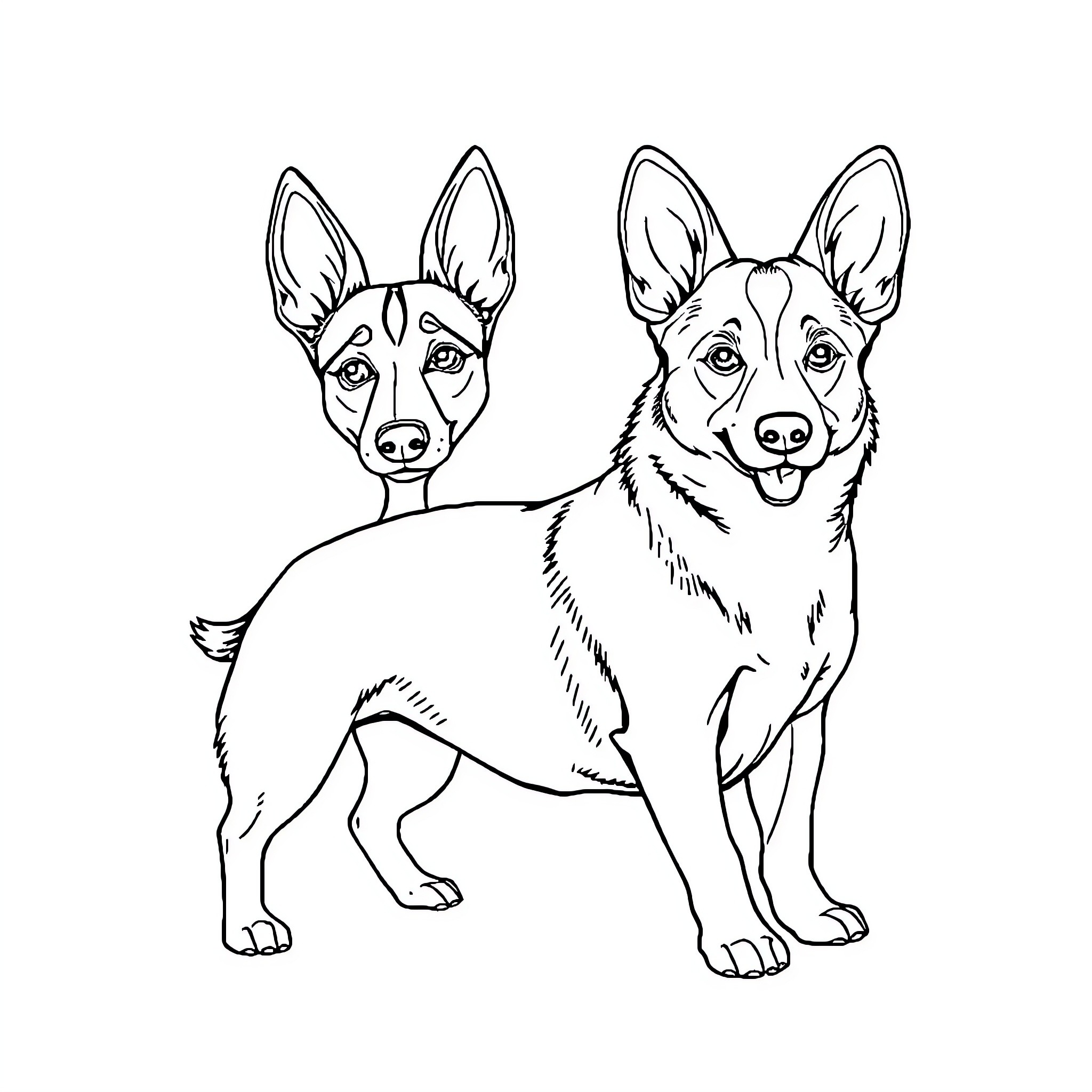 Corgis playing and exploring together Coloring Page (free black-and-white line drawing printable PDF for all, from beginners to advanced learners, including children, teens, adults, and seniors)