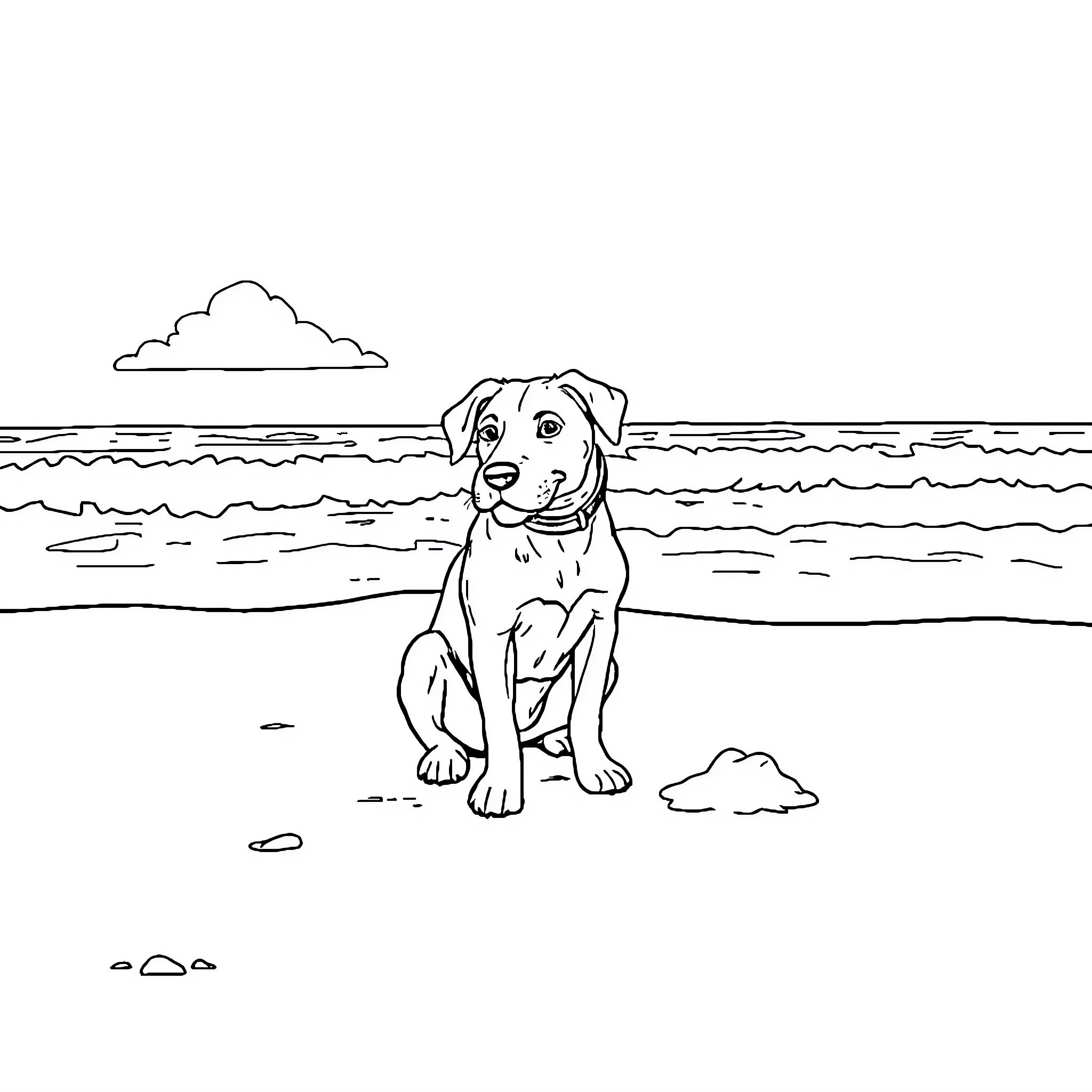 Dog exploring the beach on a sunny day Coloring Page (free black-and-white line drawing printable PDF for all, from beginners to advanced learners, including children, teens, adults, and seniors)