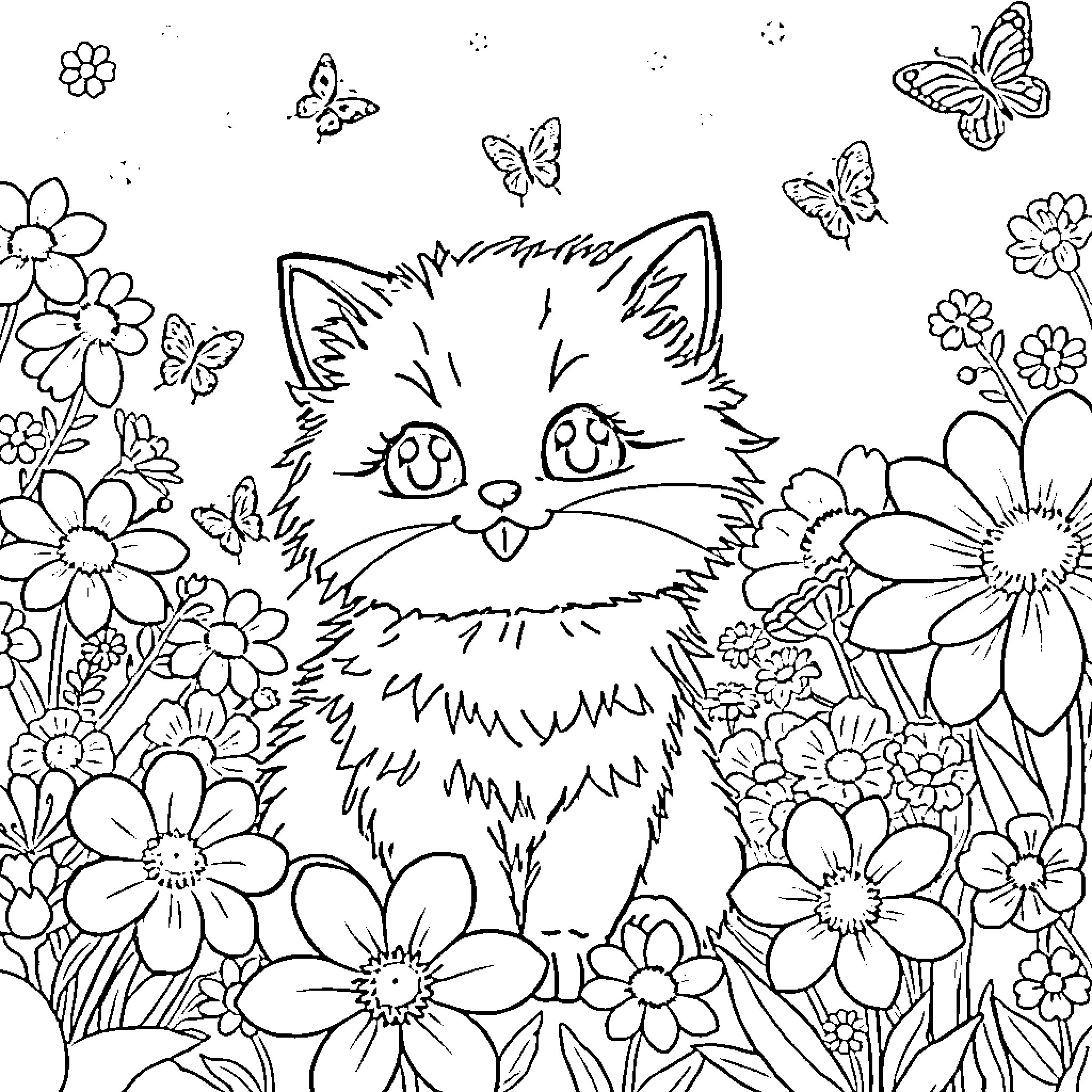 Cat among Flowers and Butterflies Coloring Page (free black-and-white line drawing printable PDF for all, from beginners to advanced learners, including children, teens, adults, and seniors)