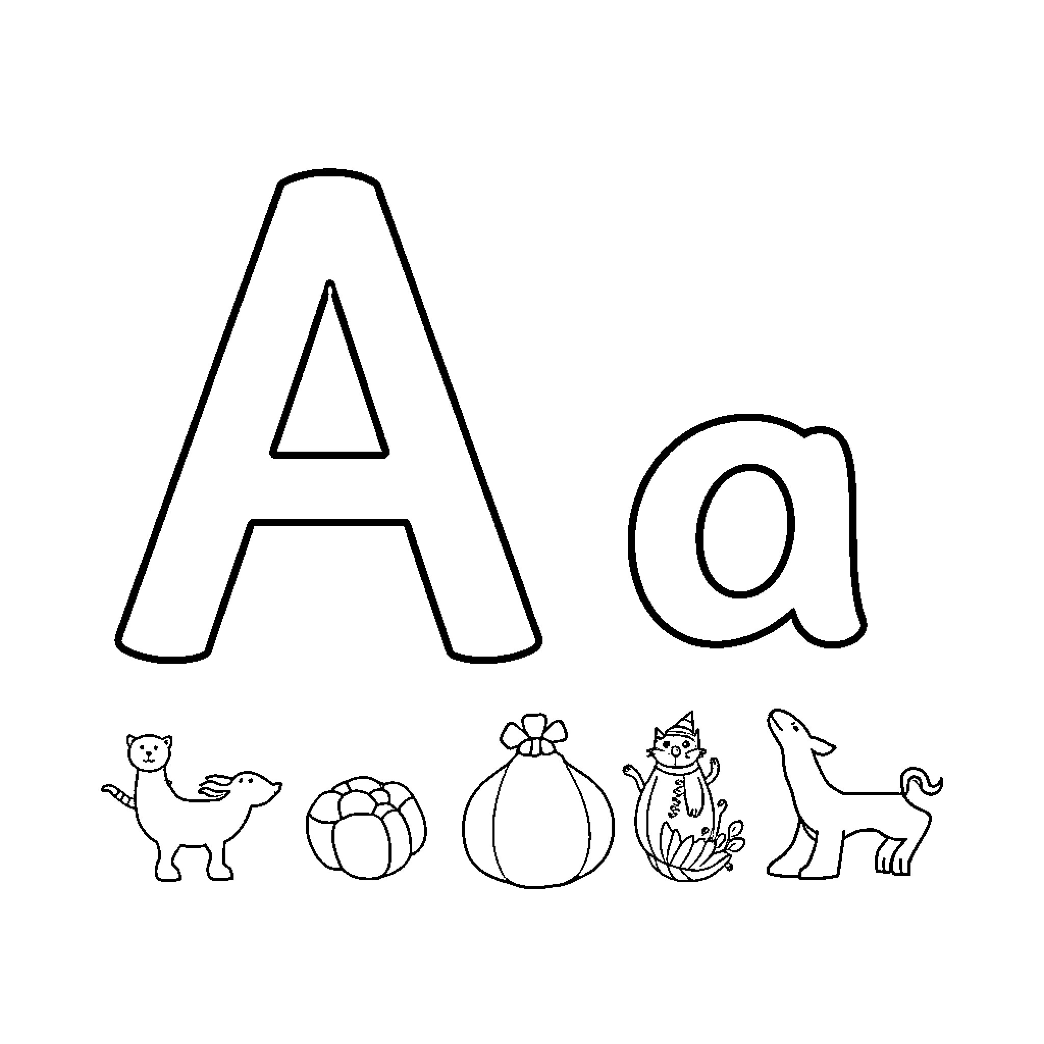 Letter A with various illustrated objects Coloring Page (free black-and-white line drawing printable PDF for all, from beginners to advanced learners, including children, teens, adults, and seniors)