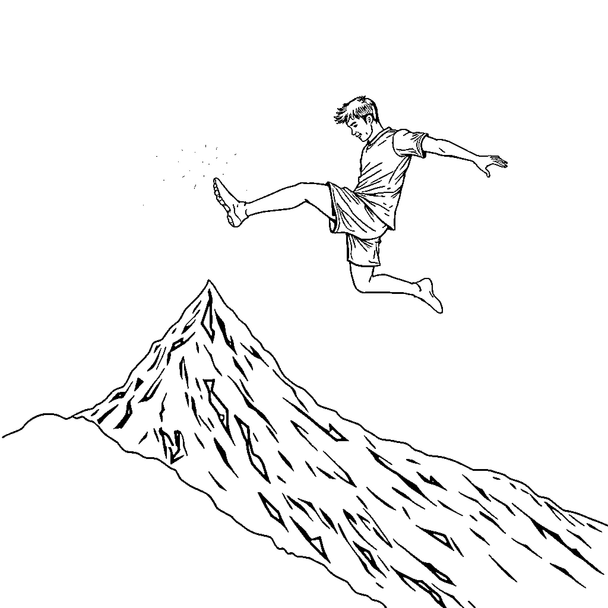 Soccer Player Kicking Ball High Above Snowy Mountain Coloring Page (free black-and-white line drawing printable PDF for all, from beginners to advanced learners, including children, teens, adults, and seniors)