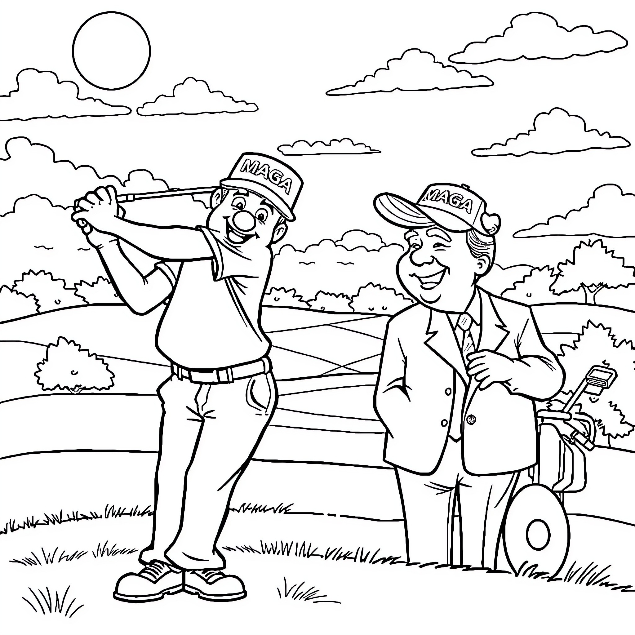 Happy Gilmore Enjoying Golf with a Friend Coloring Page (free black-and-white line drawing printable PDF for all, from beginners to advanced learners, including children, teens, adults, and seniors)
