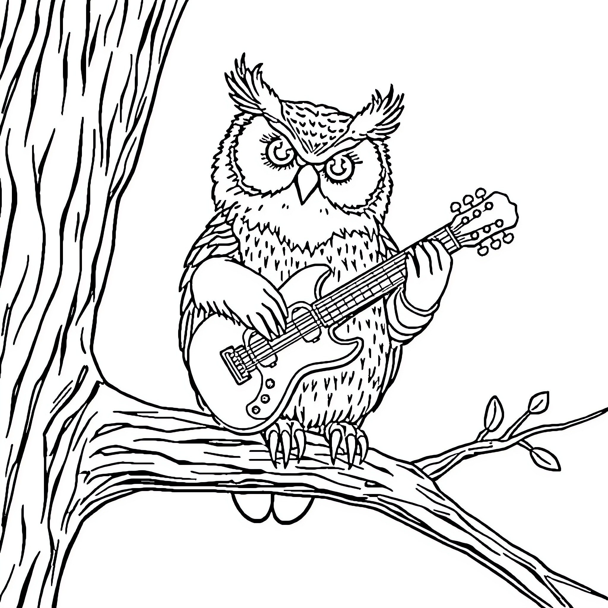 Owl Playing a Guitar on a Tree Branch Coloring Page (free black-and-white line drawing printable PDF for all, from beginners to advanced learners, including children, teens, adults, and seniors)