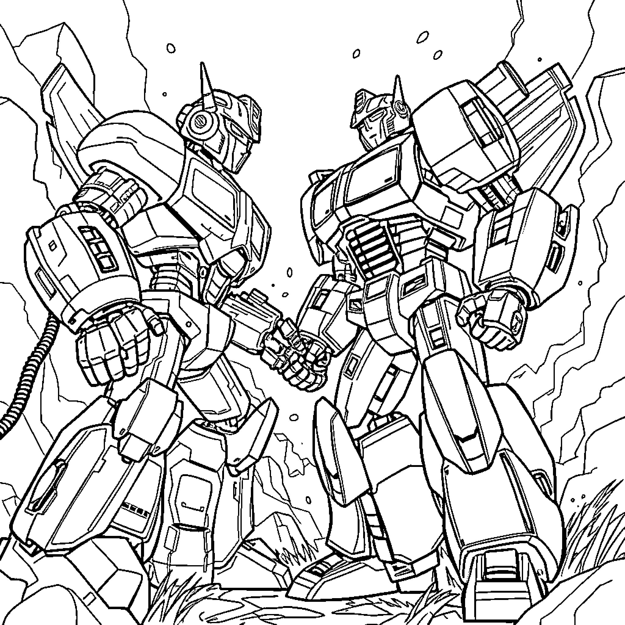 Bumblebee and Optimus Prime in epic battle Coloring Page (free black-and-white line drawing printable PDF for all, from beginners to advanced learners, including children, teens, adults, and seniors)