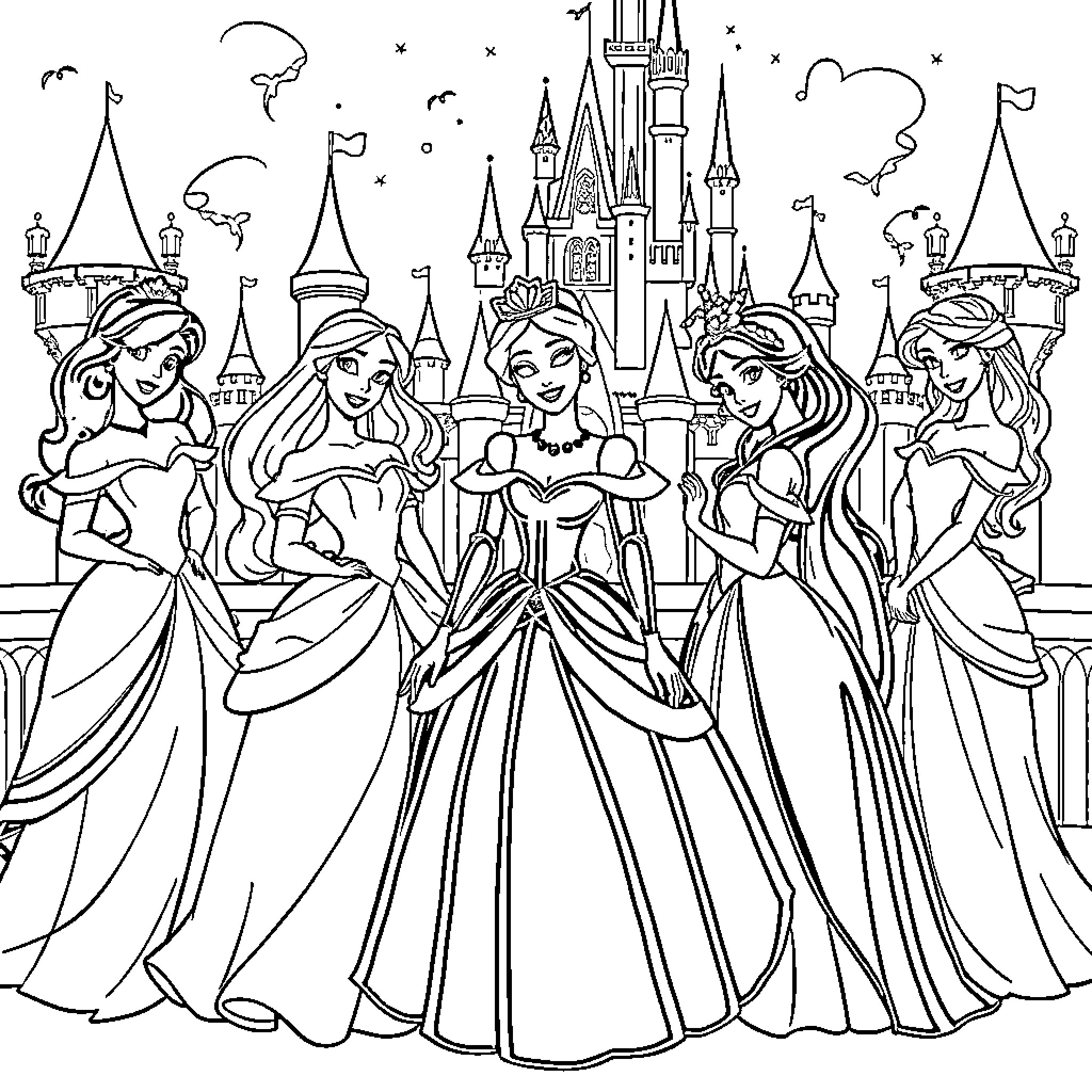 Disney Princess Gathering in Enchanted Castle Coloring Page (free black-and-white line drawing printable PDF for all, from beginners to advanced learners, including children, teens, adults, and seniors)
