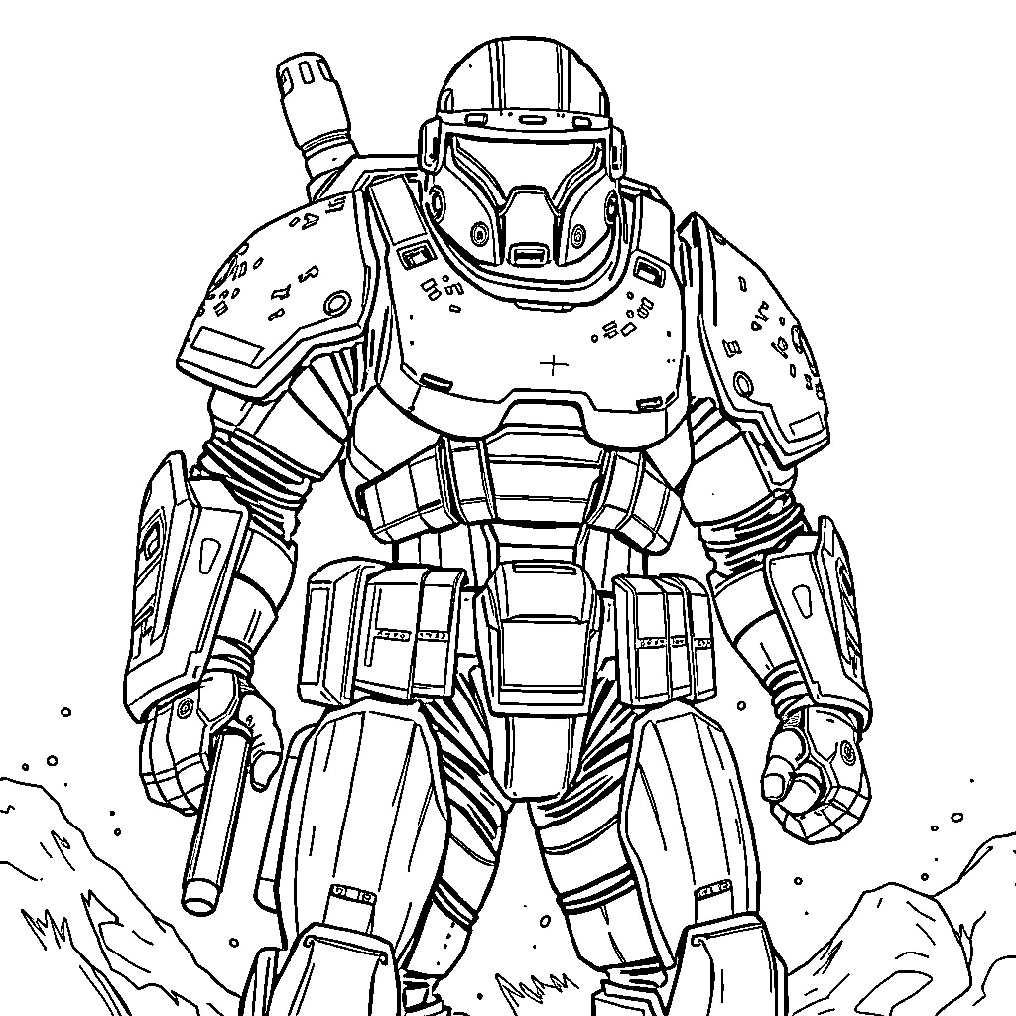 Space Marine Advancing in Armored Exosuit Coloring Page (free black-and-white line drawing printable PDF for all, from beginners to advanced learners, including children, teens, adults, and seniors)