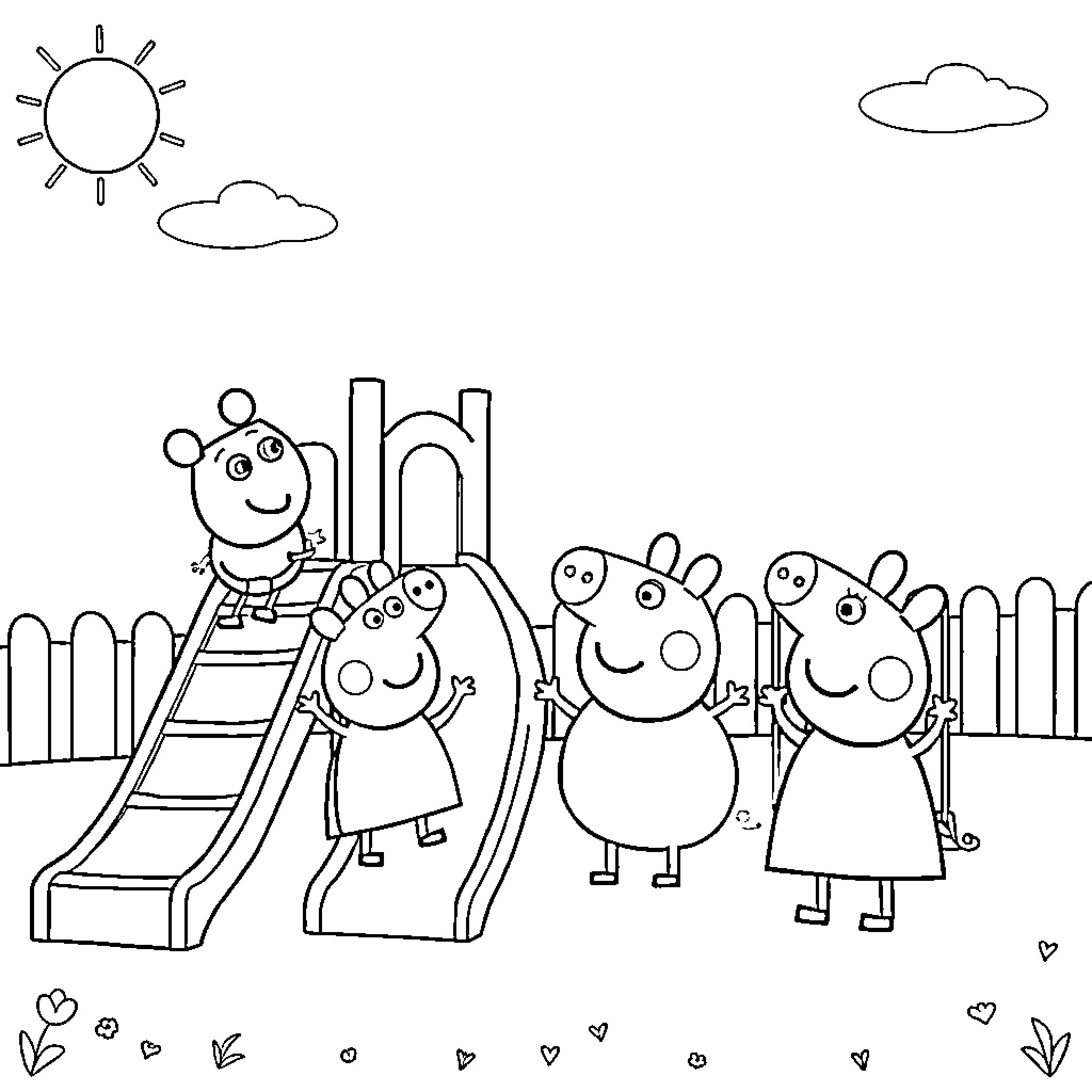 Pig family playing on the playground Coloring Page (free black-and-white line drawing printable PDF for all, from beginners to advanced learners, including children, teens, adults, and seniors)