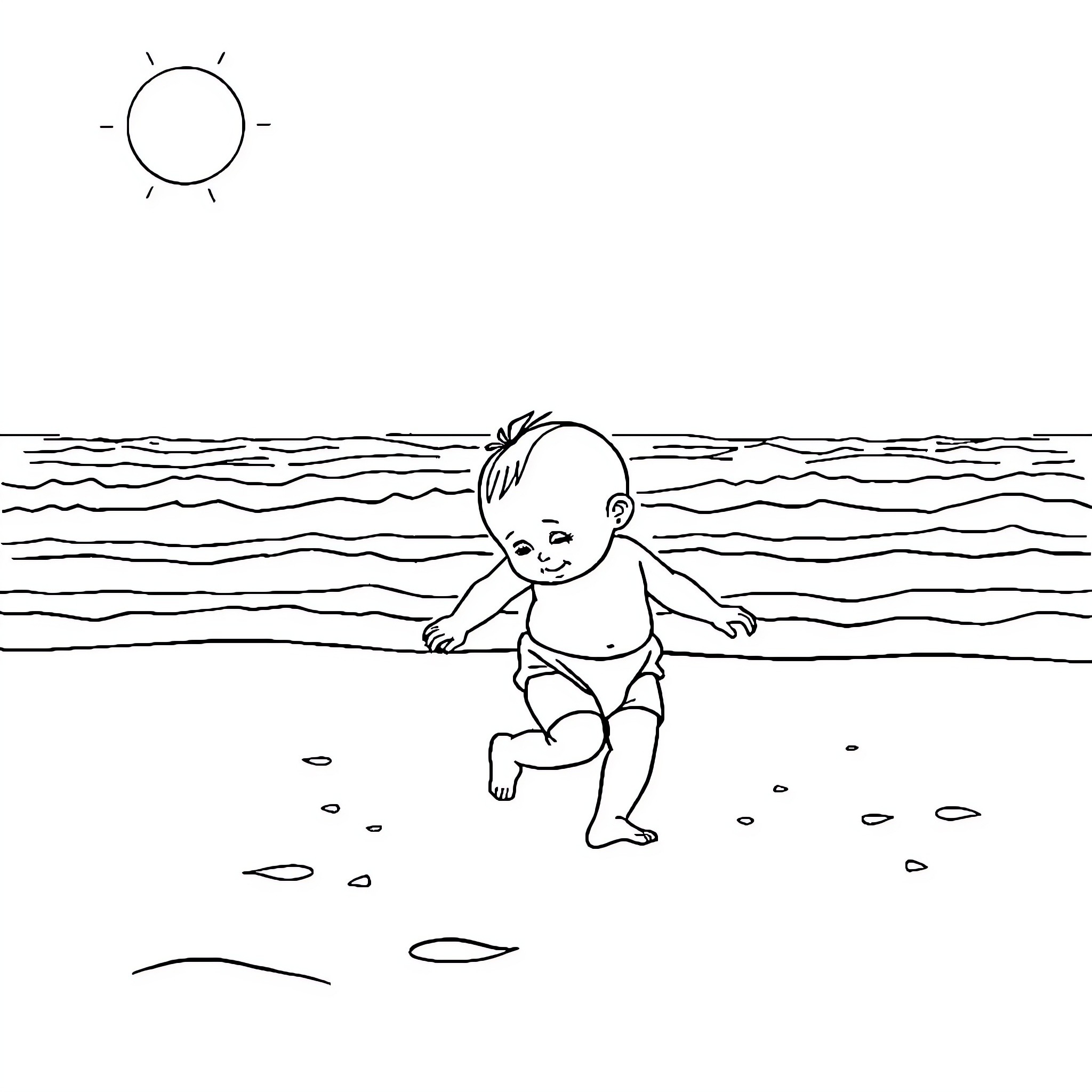 Baby playing happily in the waves Coloring Page (free black-and-white line drawing printable PDF for all, from beginners to advanced learners, including children, teens, adults, and seniors)