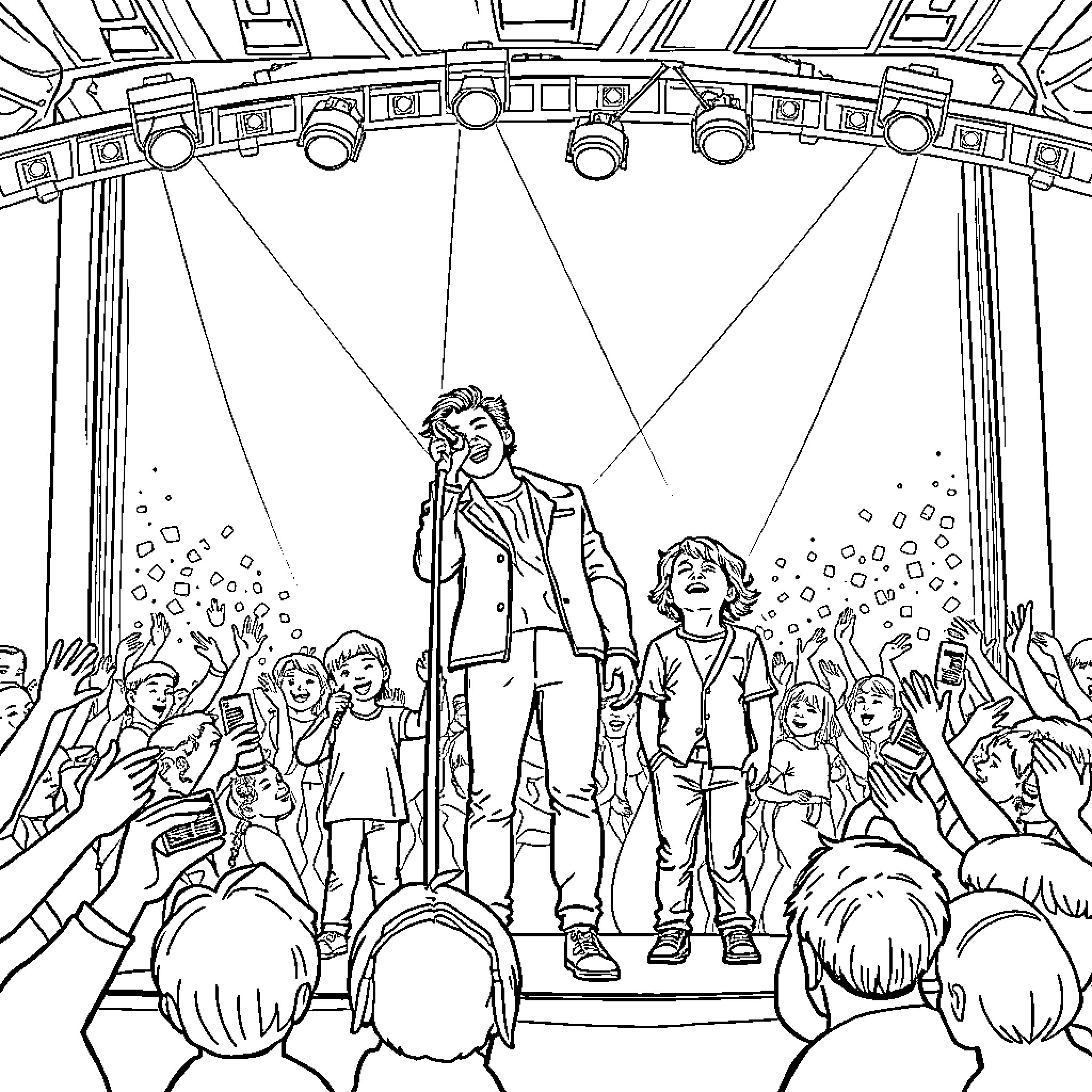 Harry Styles Performing on Stage with Adoring Fans Coloring Page (free black-and-white line drawing printable PDF for all, from beginners to advanced learners, including children, teens, adults, and seniors)