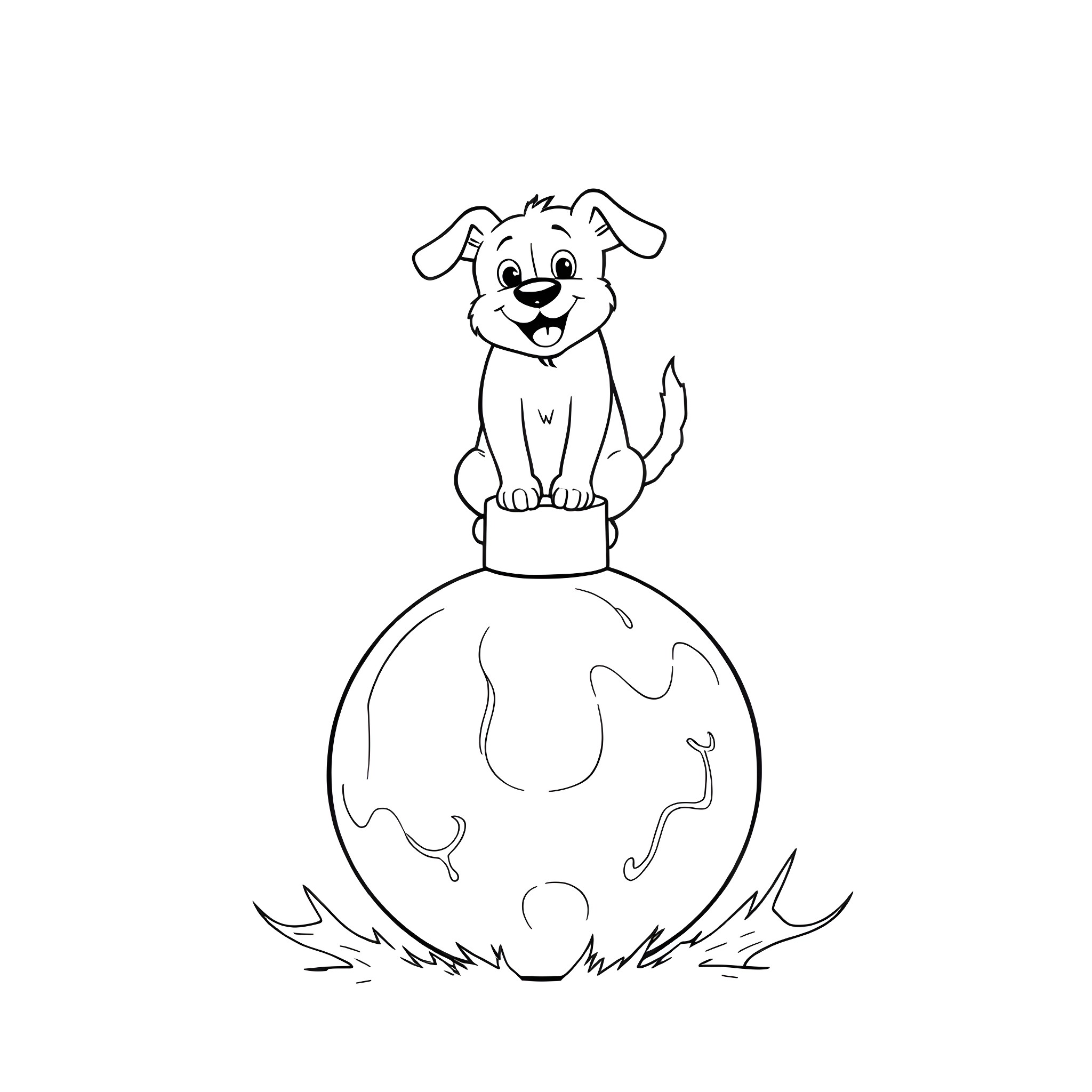 Dog sitting on a globe happily Coloring Page (free black-and-white line drawing printable PDF for all, from beginners to advanced learners, including children, teens, adults, and seniors)