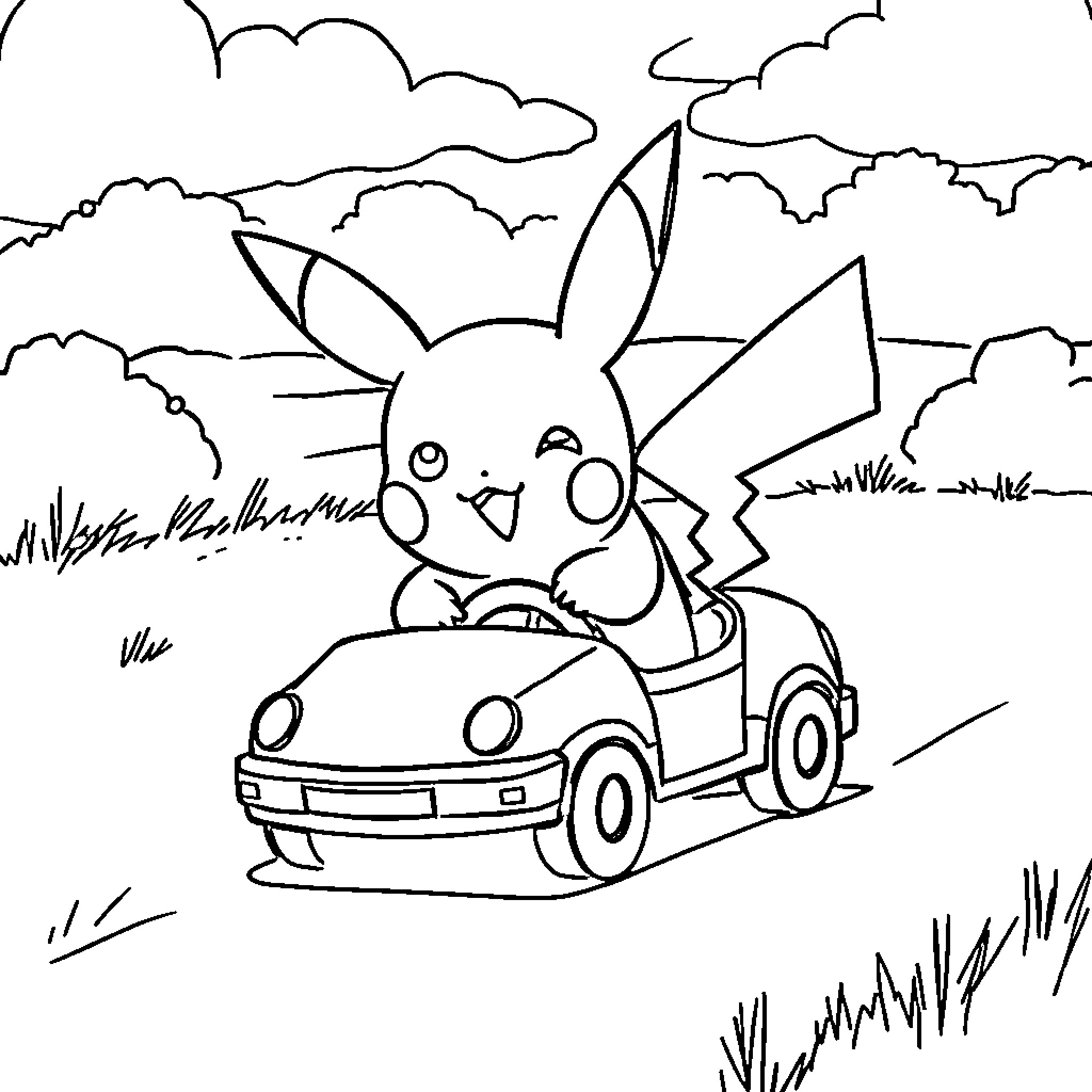 Pikachu driving a car through the countryside Coloring Page (free black-and-white line drawing printable PDF for all, from beginners to advanced learners, including children, teens, adults, and seniors)