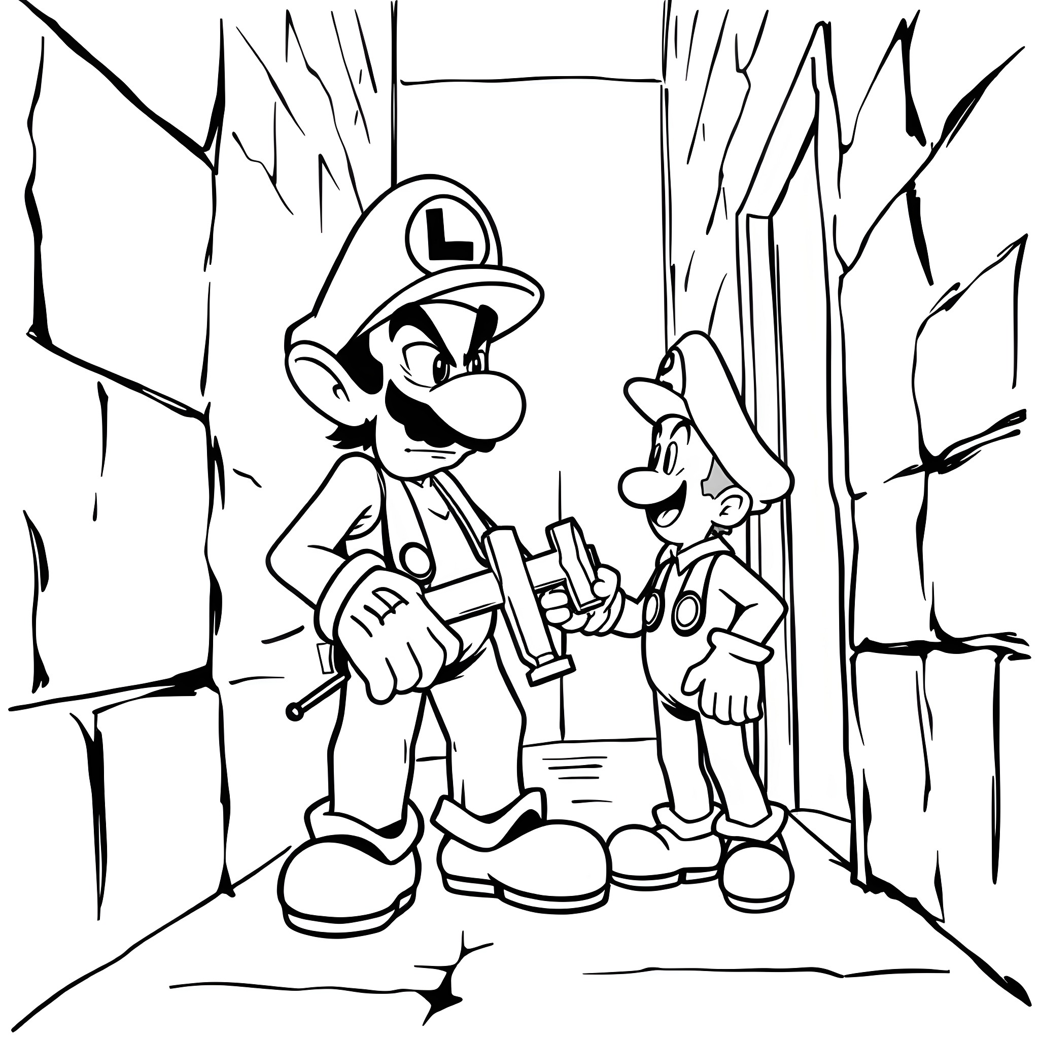 Waluigi confronts Mario in an intense encounter Coloring Page (free black-and-white line drawing printable PDF for all, from beginners to advanced learners, including children, teens, adults, and seniors)