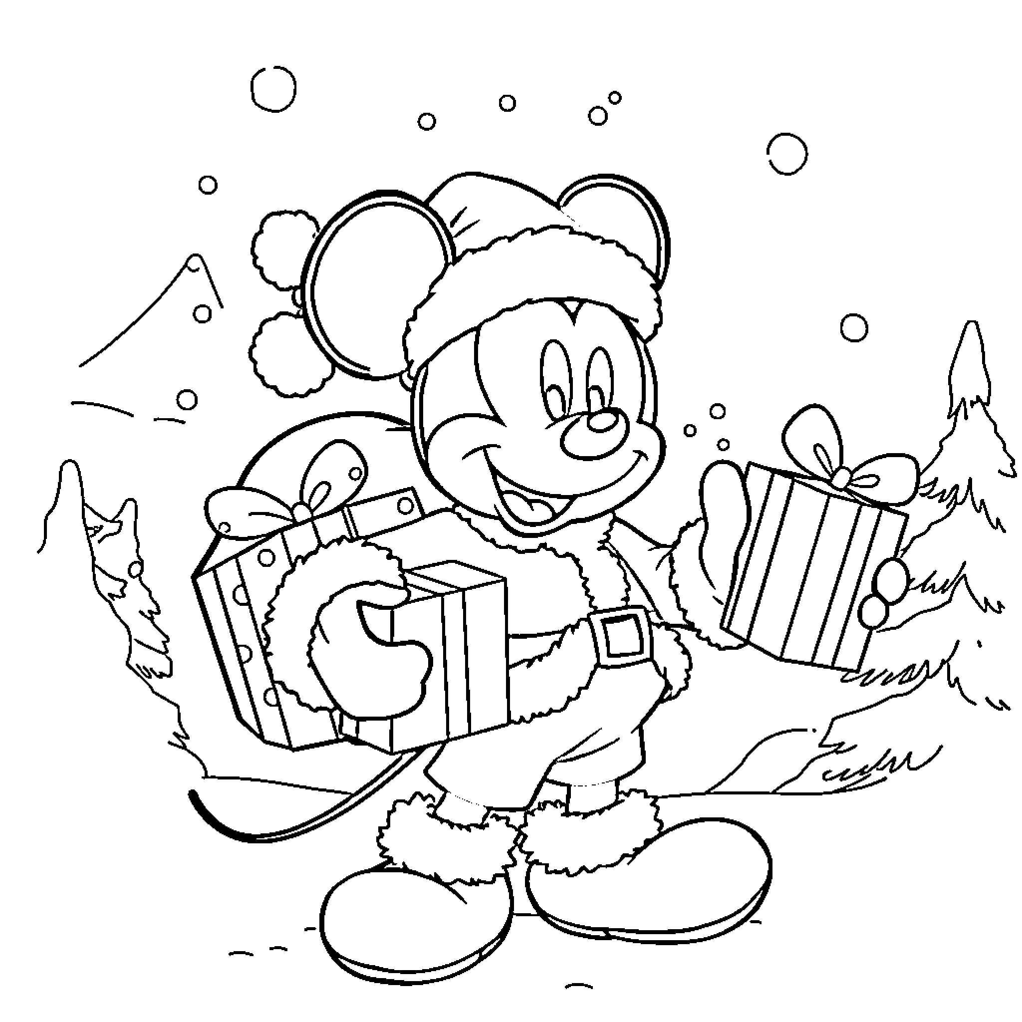 Mickey Mouse carrying presents in winter wonderland Coloring Page (free black-and-white line drawing printable PDF for all, from beginners to advanced learners, including children, teens, adults, and seniors)