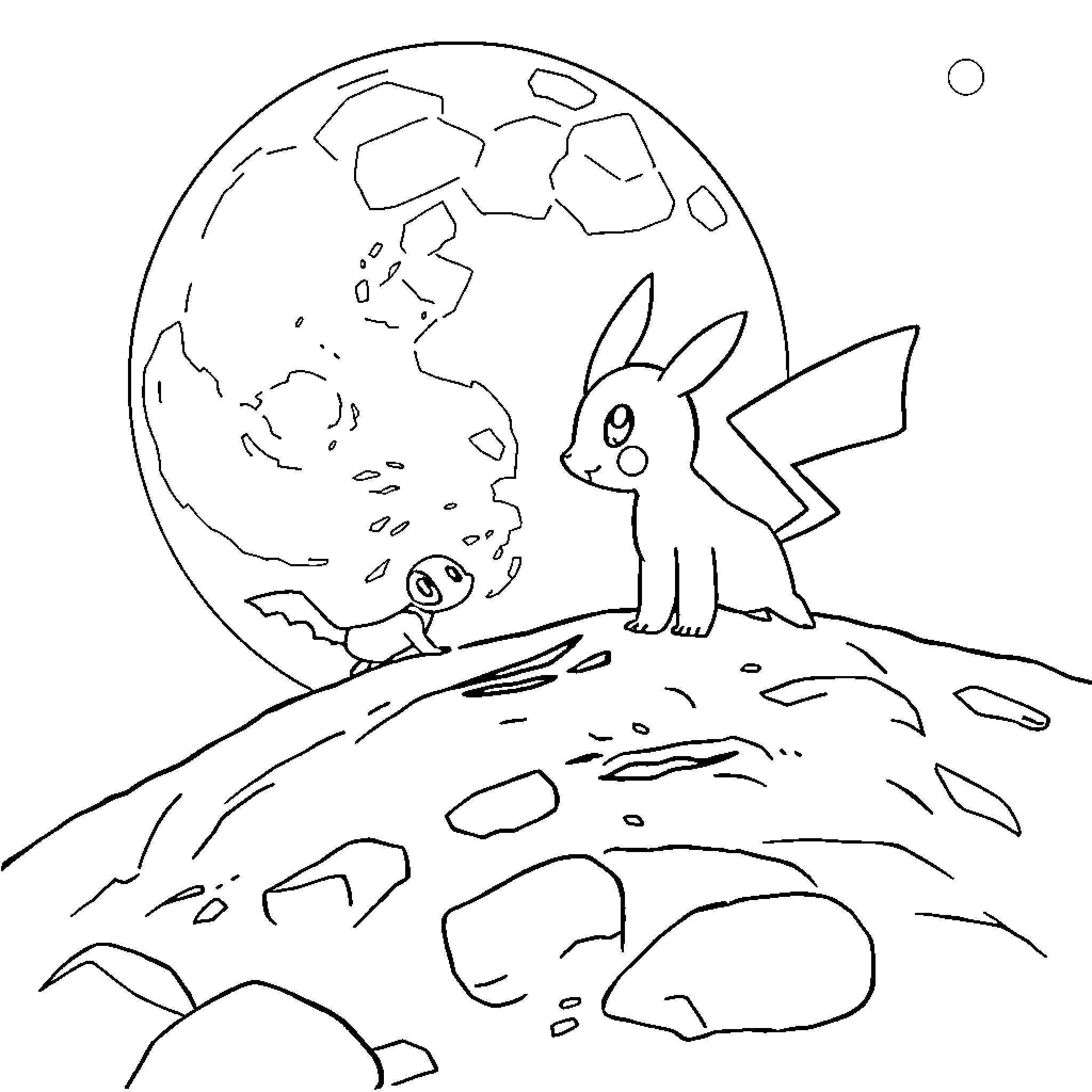 Pokémon character on a lunar landscape Coloring Page (free black-and-white line drawing printable PDF for all, from beginners to advanced learners, including children, teens, adults, and seniors)
