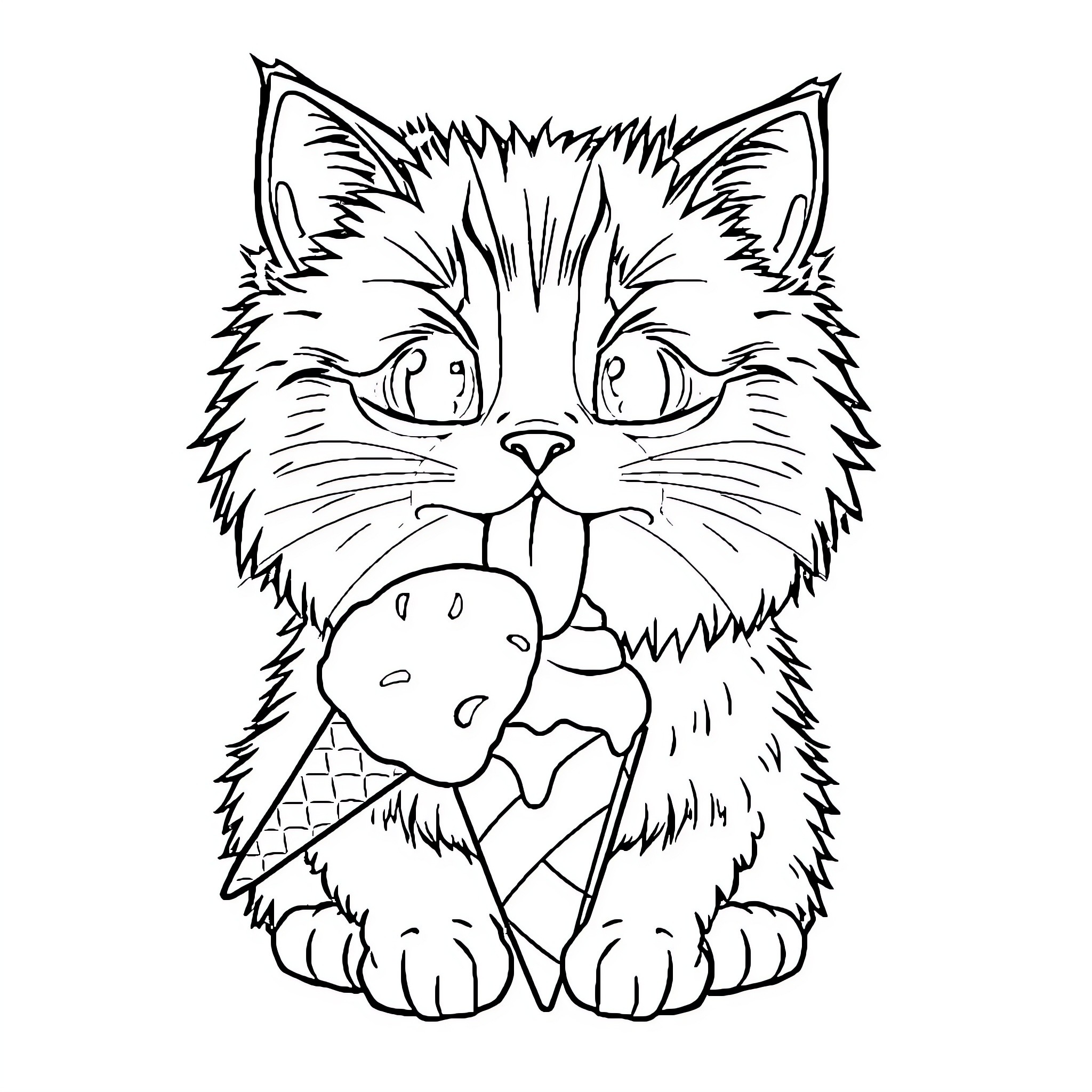 Cat eating ice cream cone Coloring Page (free black-and-white line drawing printable PDF for all, from beginners to advanced learners, including children, teens, adults, and seniors)