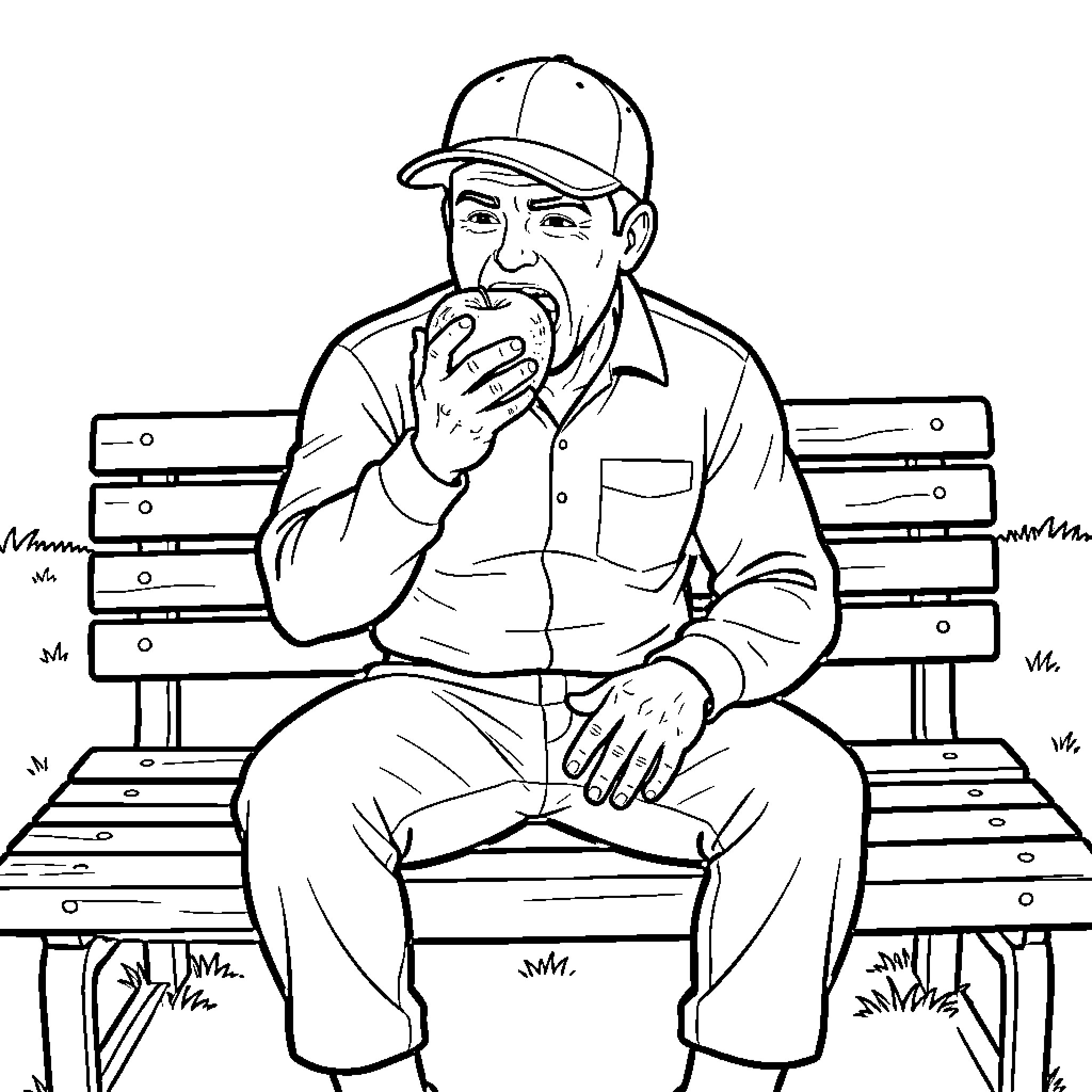 Speederman eating an apple while sitting on a bench Coloring Page (free black-and-white line drawing printable PDF for all, from beginners to advanced learners, including children, teens, adults, and seniors)