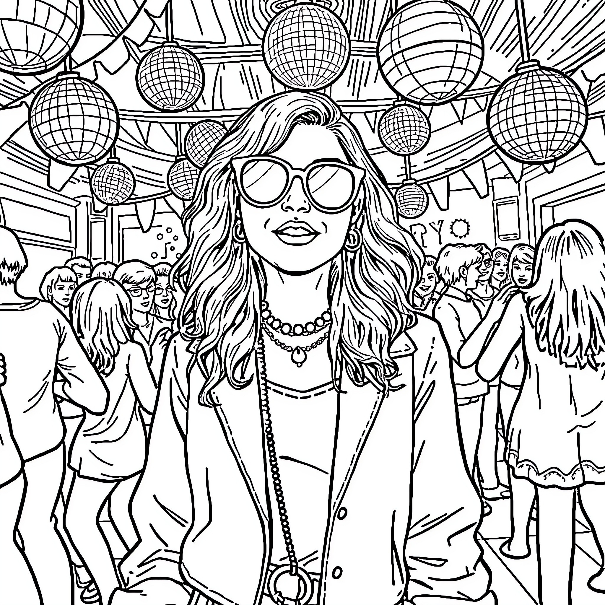 Person in stylish outfit surrounded by party decorations Coloring Page (free black-and-white line drawing printable PDF for all, from beginners to advanced learners, including children, teens, adults, and seniors)