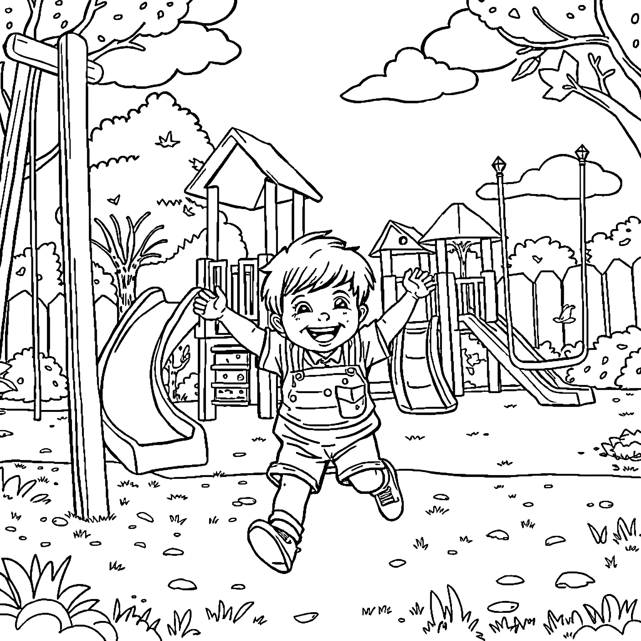 Child playing happily on the playground Coloring Page (free black-and-white line drawing printable PDF for all, from beginners to advanced learners, including children, teens, adults, and seniors)