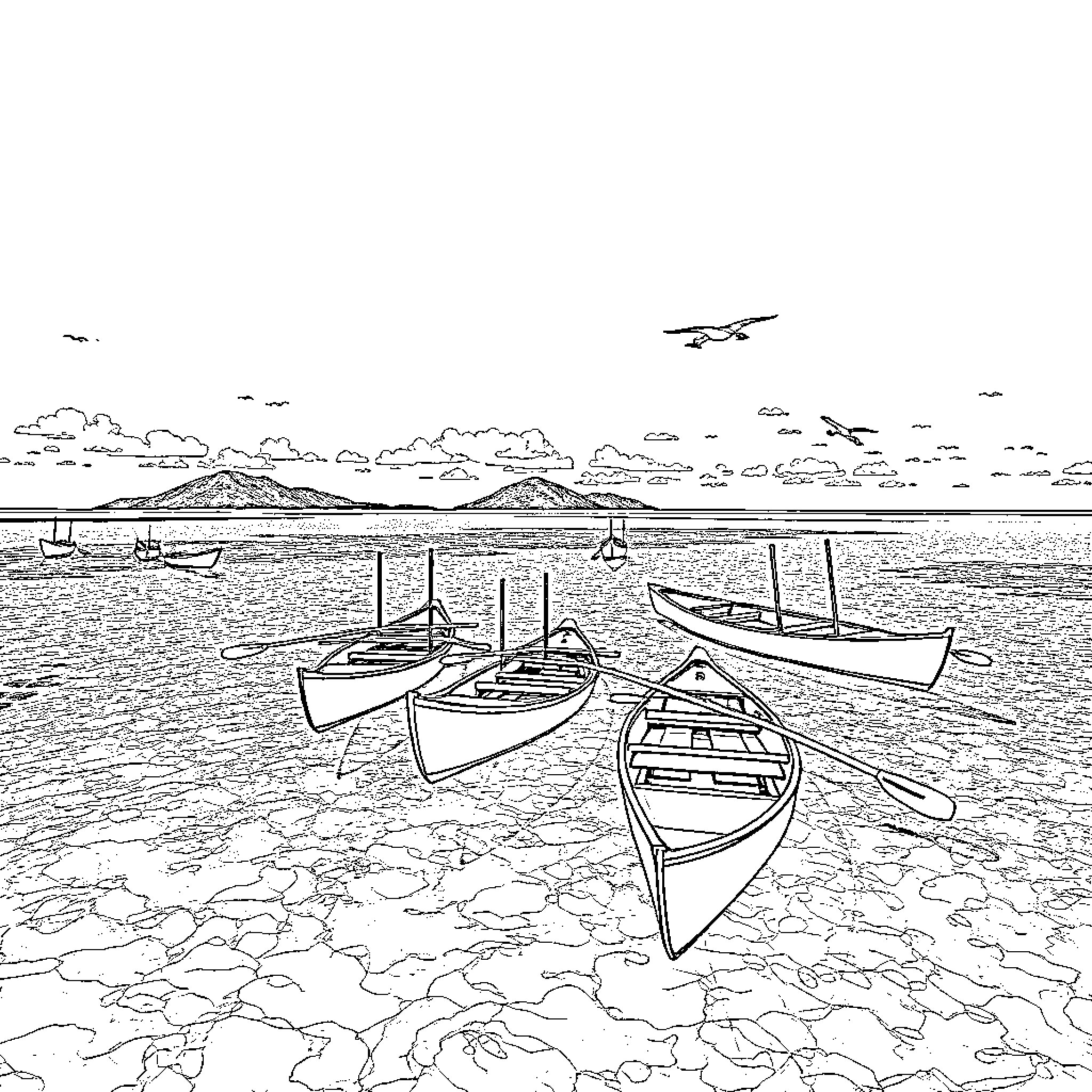 Canoes floating peacefully on the lake Coloring Page (free black-and-white line drawing printable PDF for all, from beginners to advanced learners, including children, teens, adults, and seniors)