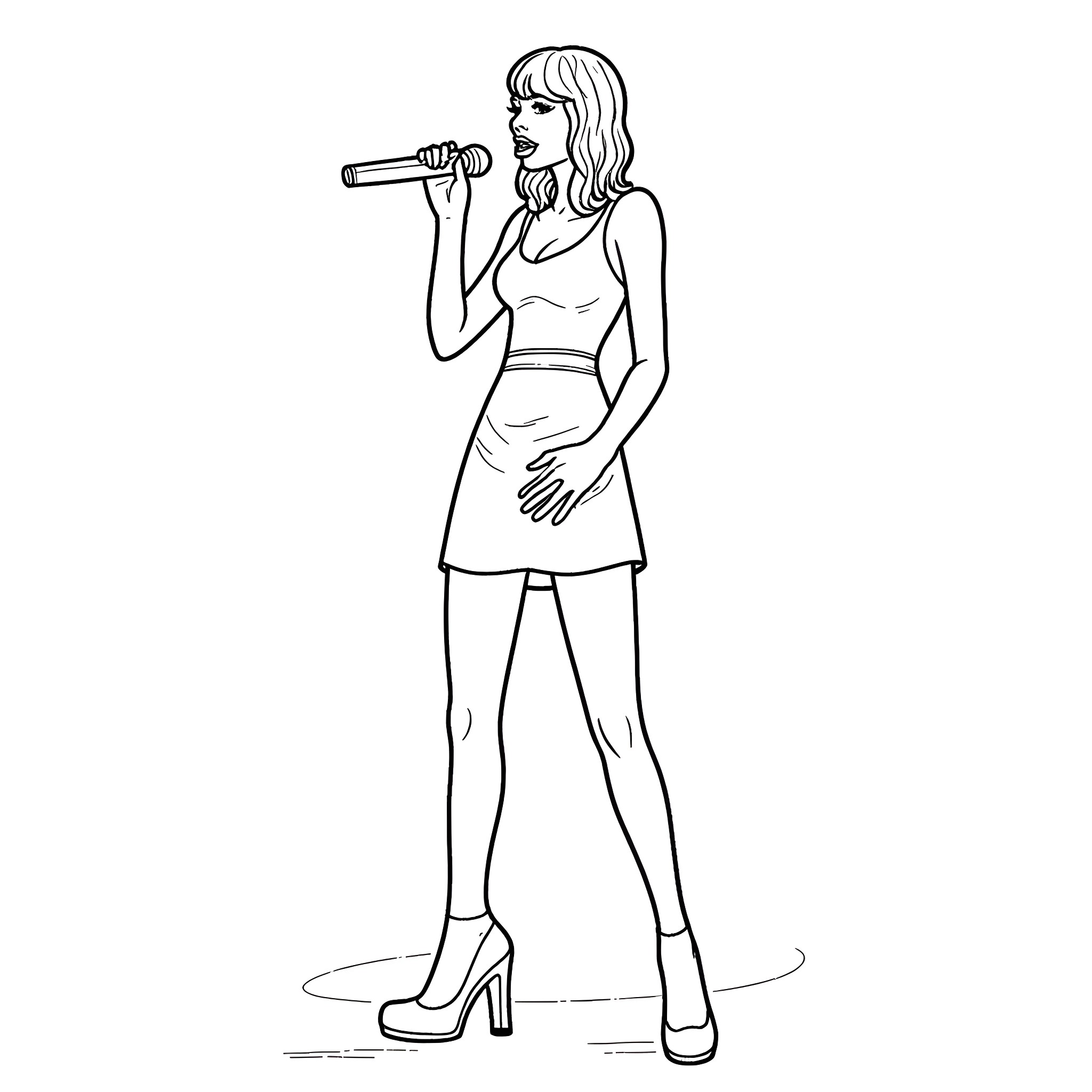Taylor Swift performing on stage Coloring Page (free black-and-white line drawing printable PDF for all, from beginners to advanced learners, including children, teens, adults, and seniors)