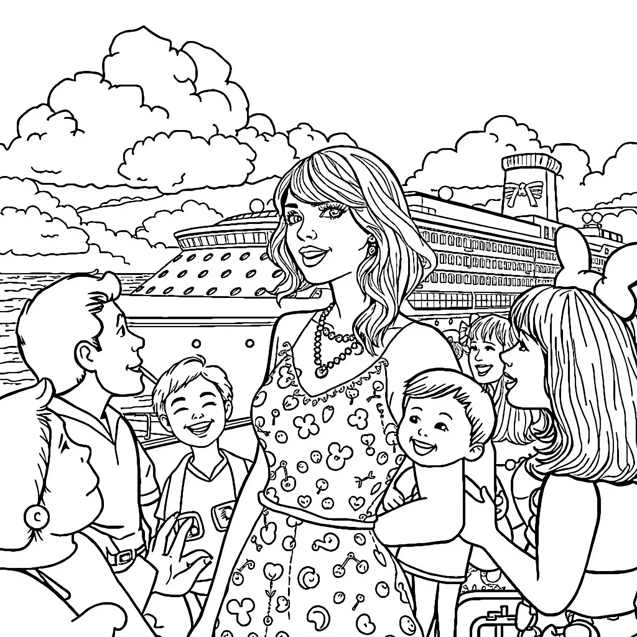 Taylor Swift surrounded by fans at a public event Coloring Page (free black-and-white line drawing printable PDF for all, from beginners to advanced learners, including children, teens, adults, and seniors)