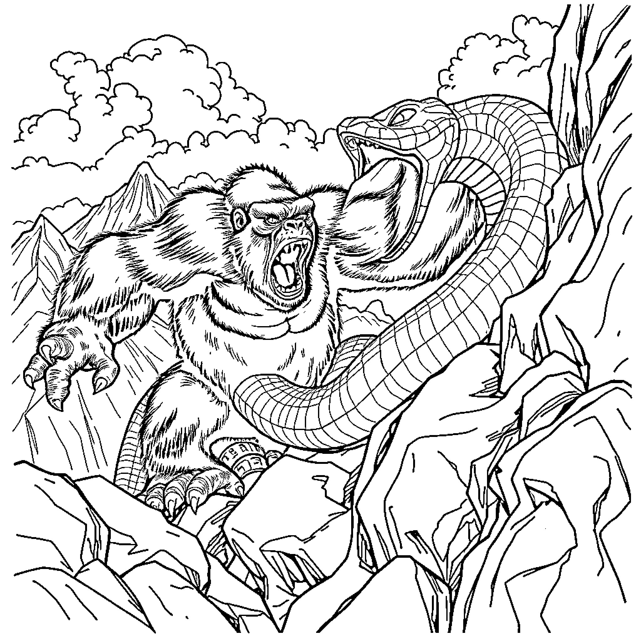 King Kong battling a giant snake in the wilderness Coloring Page (free black-and-white line drawing printable PDF for all, from beginners to advanced learners, including children, teens, adults, and seniors)