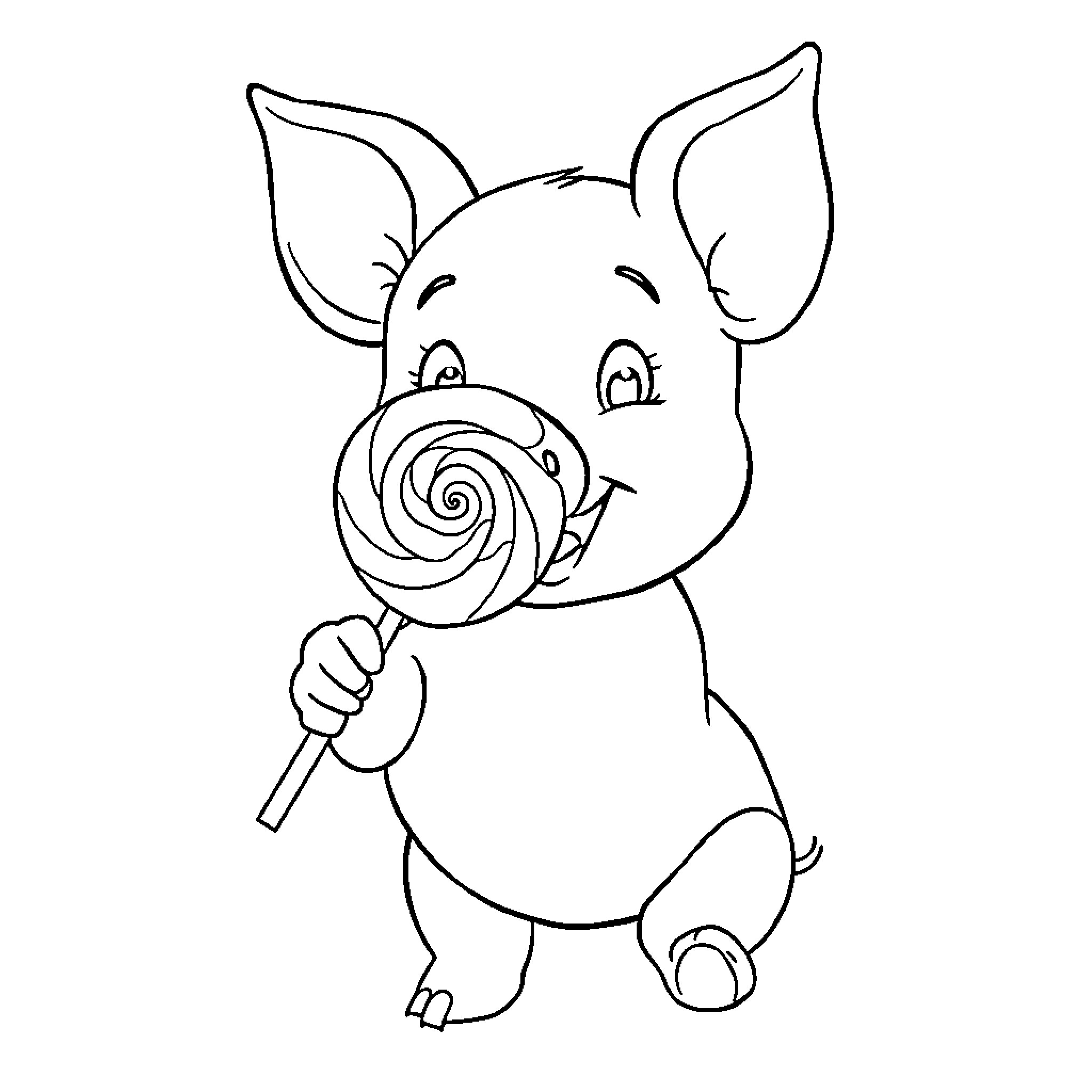 Piglet holding a lollipop with a cheerful expression Coloring Page (free black-and-white line drawing printable PDF for all, from beginners to advanced learners, including children, teens, adults, and seniors)