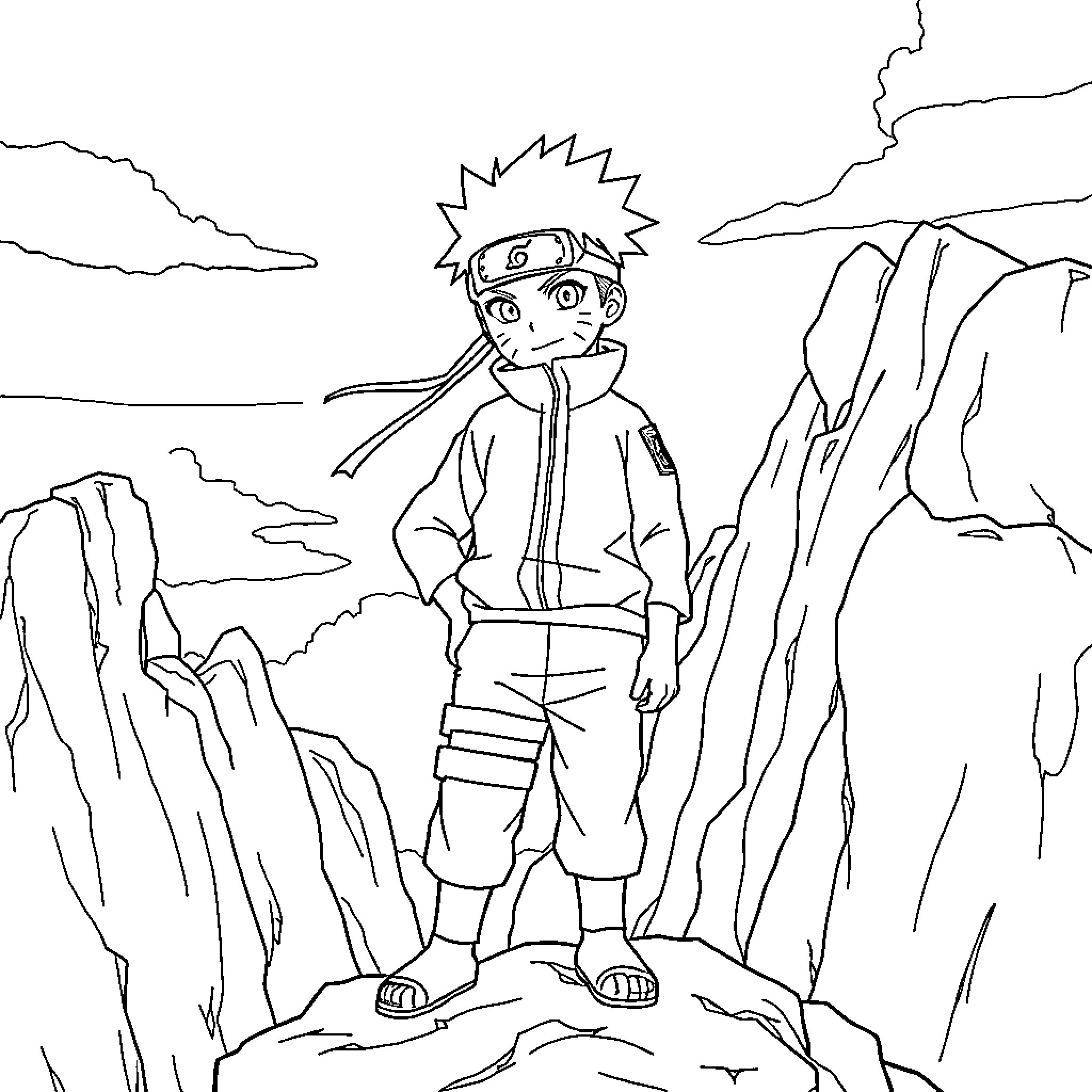 Naruto adventuring in the rugged landscape Coloring Page (free black-and-white line drawing printable PDF for all, from beginners to advanced learners, including children, teens, adults, and seniors)