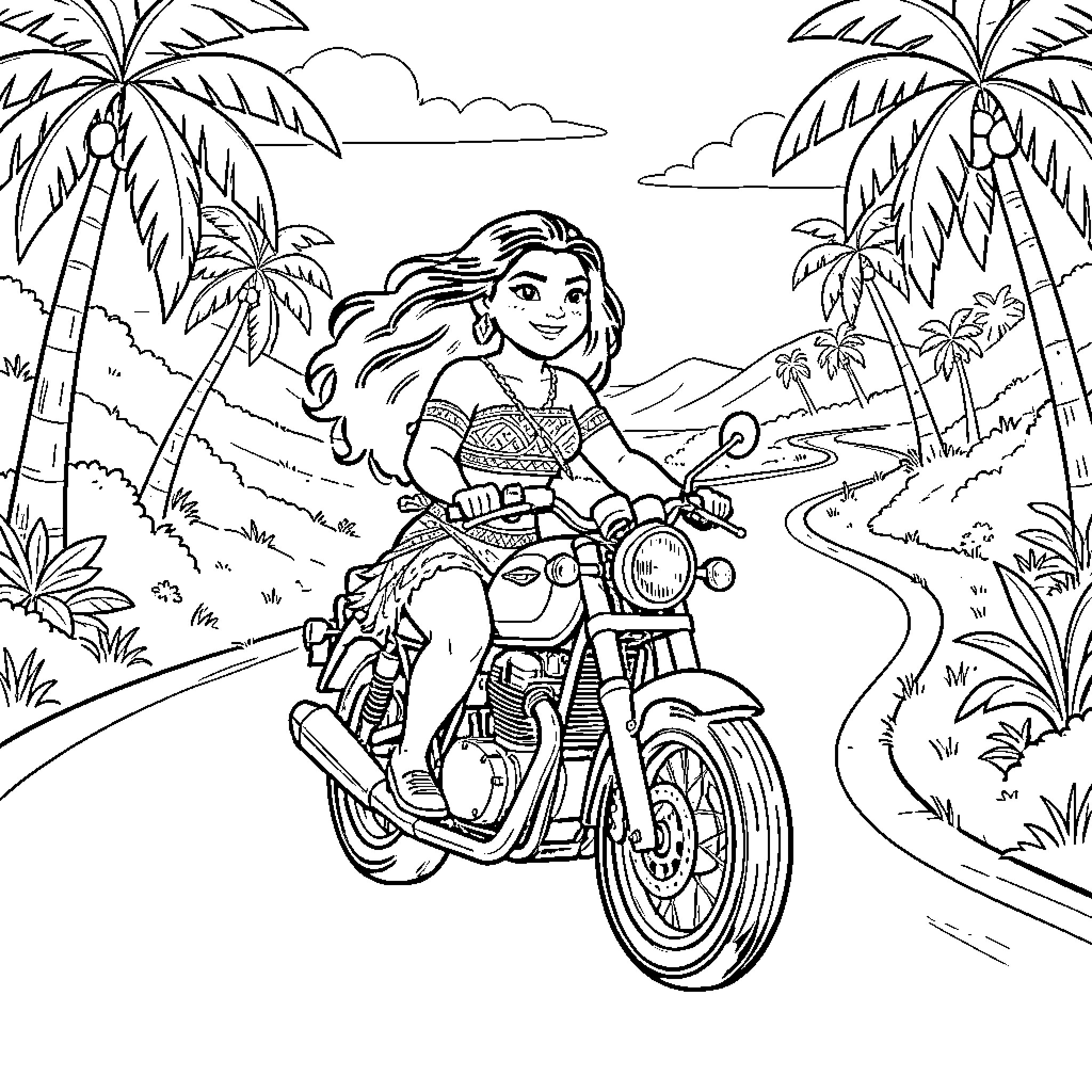 Moana smiling while riding a motorcycle through a tropical landscape Coloring Page (free black-and-white line drawing printable PDF for all, from beginners to advanced learners, including children, teens, adults, and seniors)