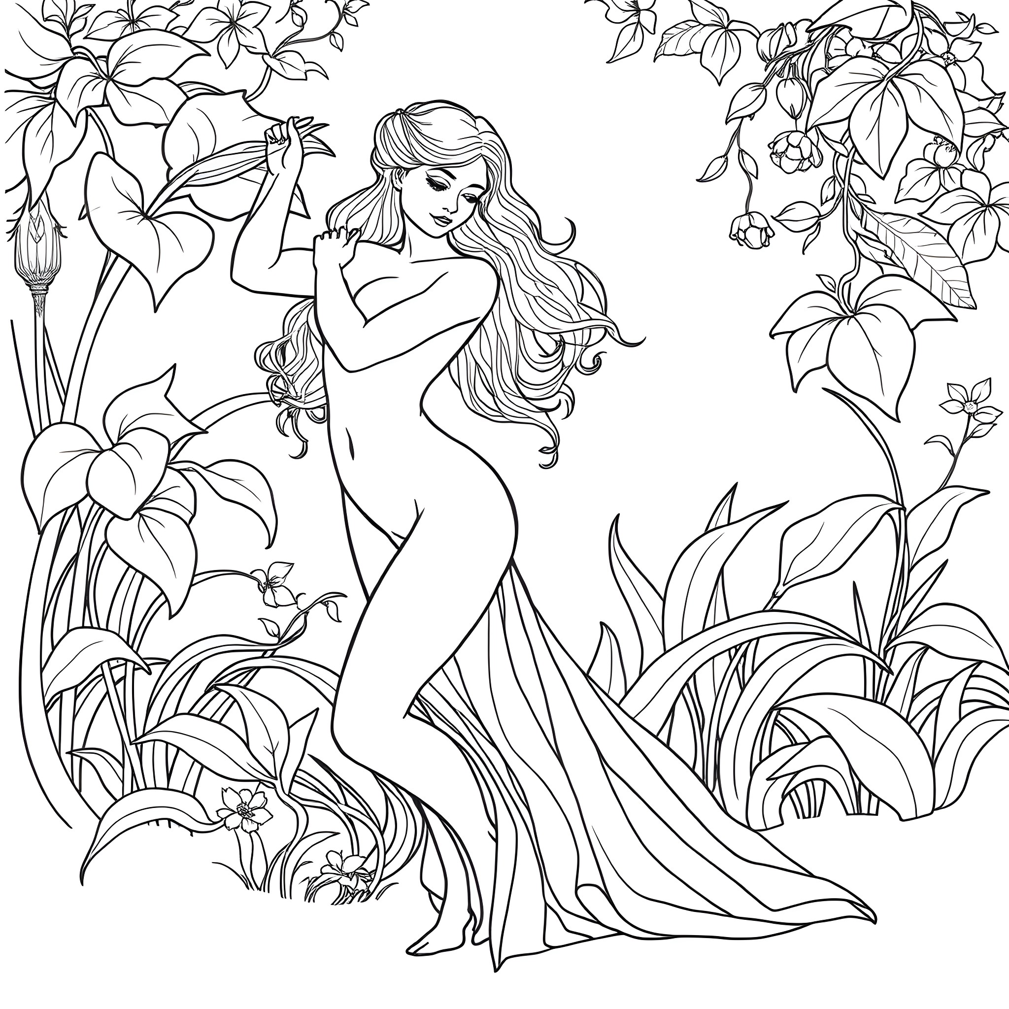 Girl posing gracefully in floral garden Coloring Page (free black-and-white line drawing printable PDF for all, from beginners to advanced learners, including children, teens, adults, and seniors)