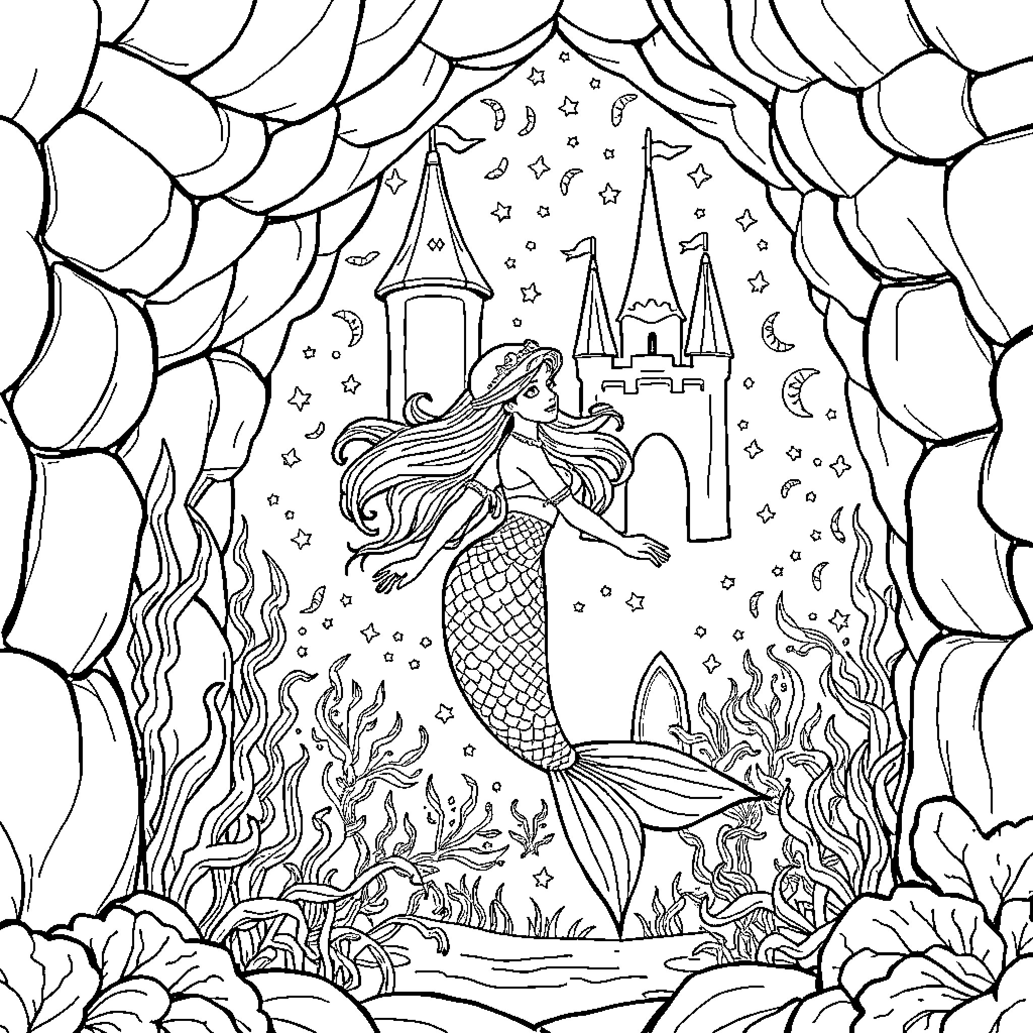 Mermaid swimming gracefully in a magical underwater castle Coloring Page (free black-and-white line drawing printable PDF for all, from beginners to advanced learners, including children, teens, adults, and seniors)