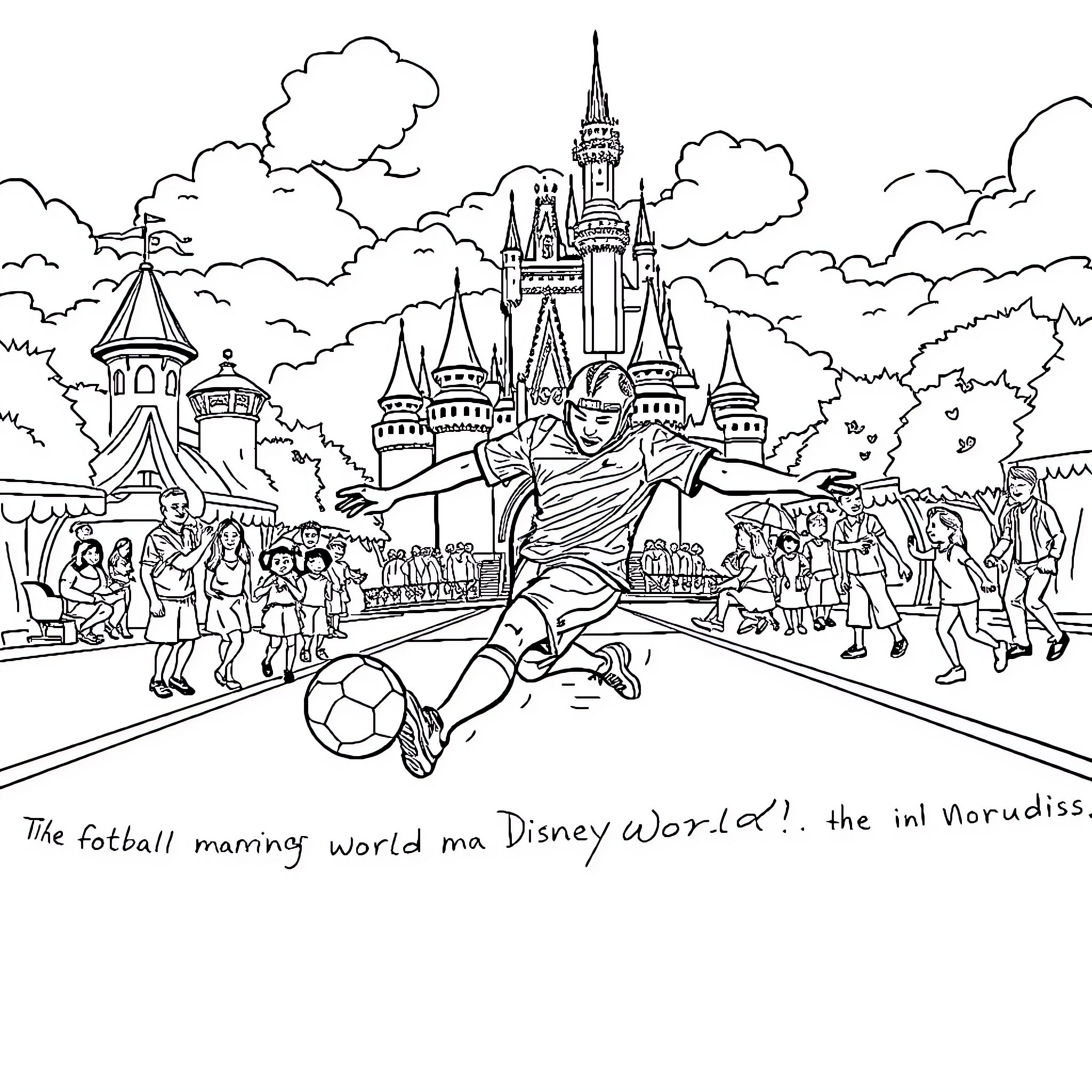 Football Player Kicks Ball at Disney World Coloring Page (free black-and-white line drawing printable PDF for all, from beginners to advanced learners, including children, teens, adults, and seniors)