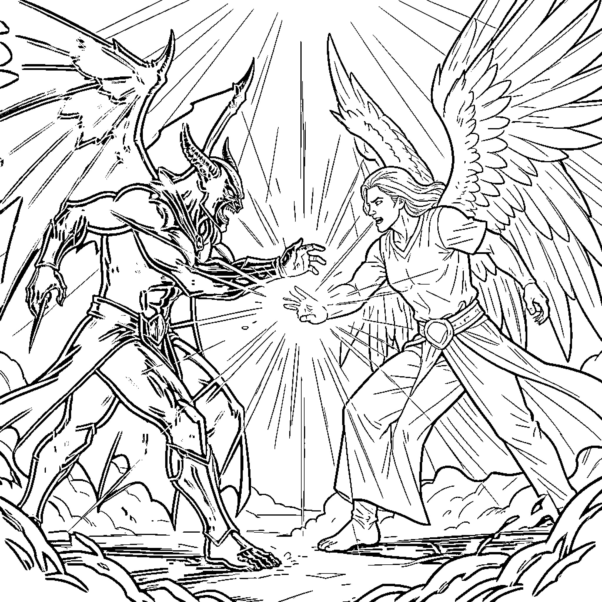 Demon and Angel in Mythical Battle Coloring Page (free black-and-white line drawing printable PDF for all, from beginners to advanced learners, including children, teens, adults, and seniors)