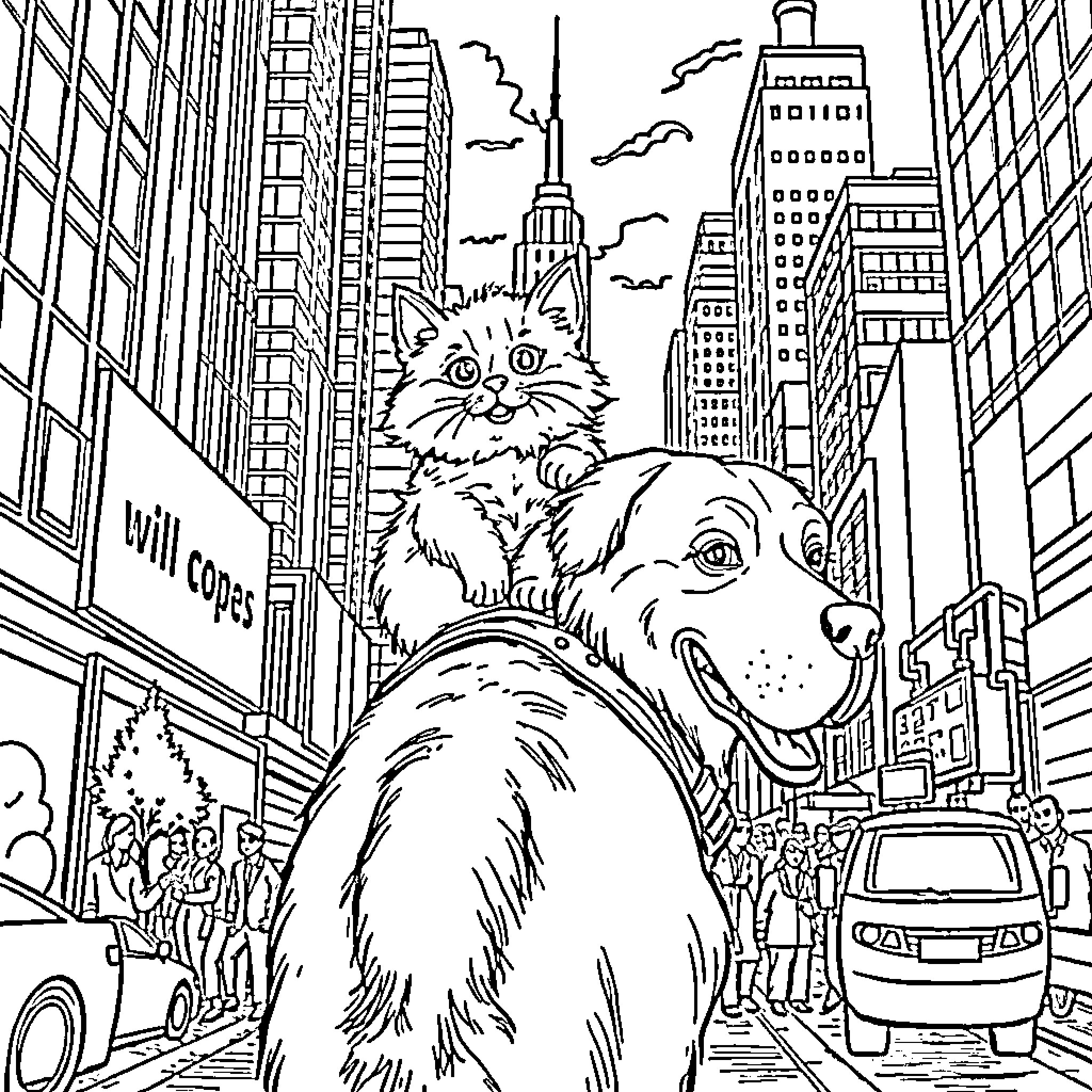 Cat exploring the bustling city streets Coloring Page (free black-and-white line drawing printable PDF for all, from beginners to advanced learners, including children, teens, adults, and seniors)