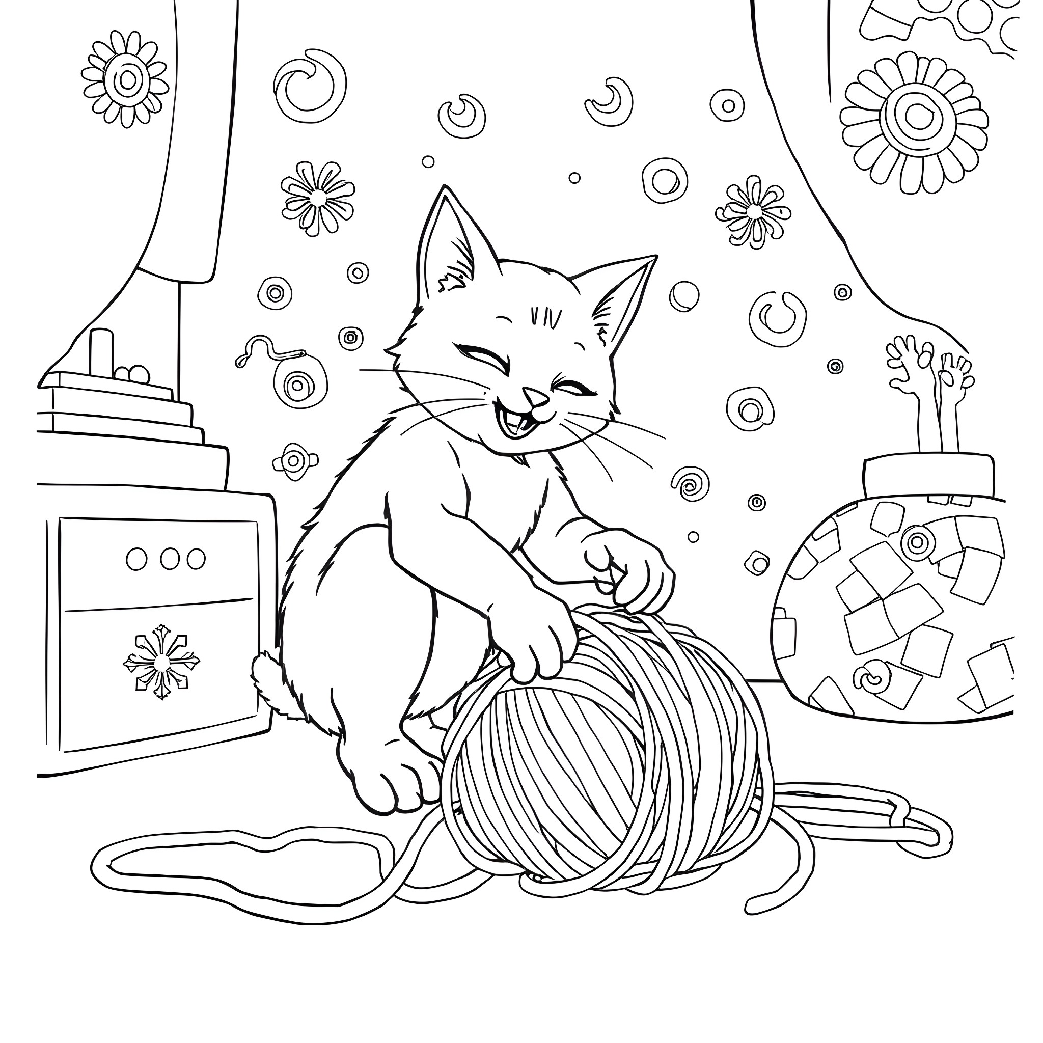 Cat-Human playing happily with yarn in a whimsical scene Coloring Page (free black-and-white line drawing printable PDF for all, from beginners to advanced learners, including children, teens, adults, and seniors)