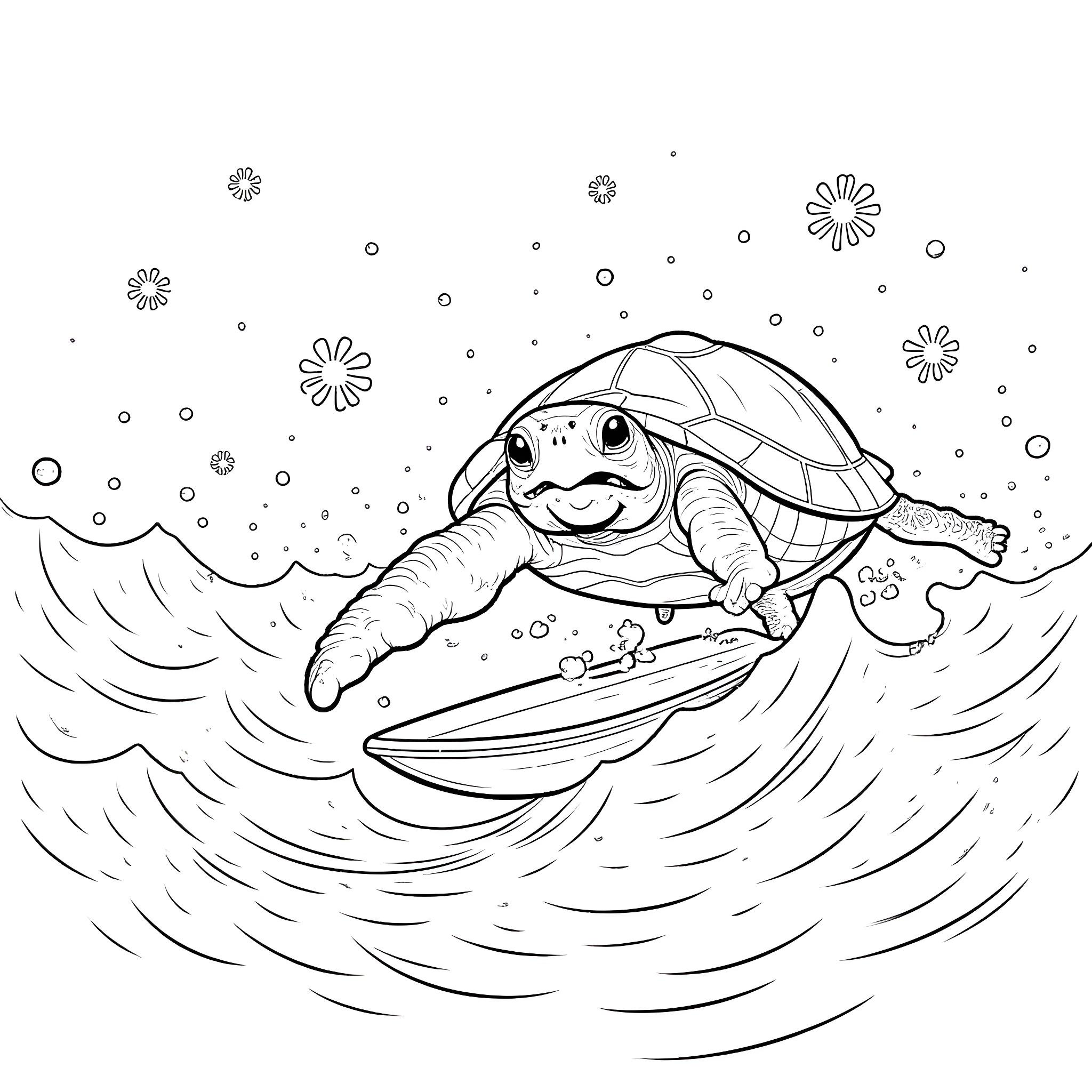 Sea Turtle surfing through ocean waves Coloring Page (free black-and-white line drawing printable PDF for all, from beginners to advanced learners, including children, teens, adults, and seniors)