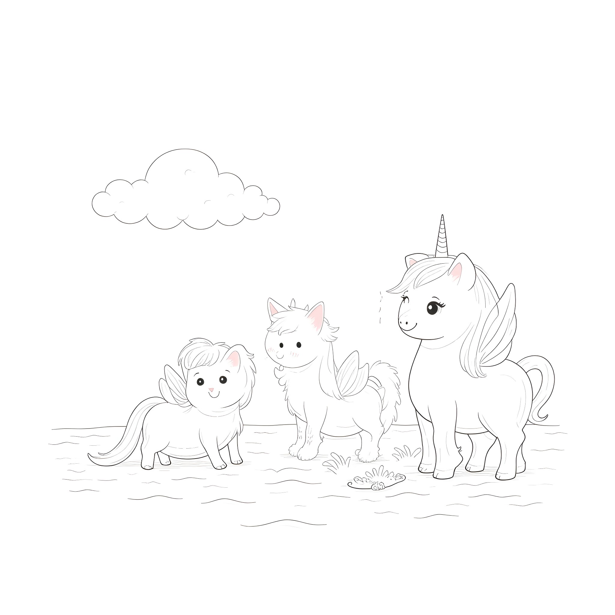 Unicorn family enjoying the outdoors Coloring Page (free black-and-white line drawing printable PDF for all, from beginners to advanced learners, including children, teens, adults, and seniors)