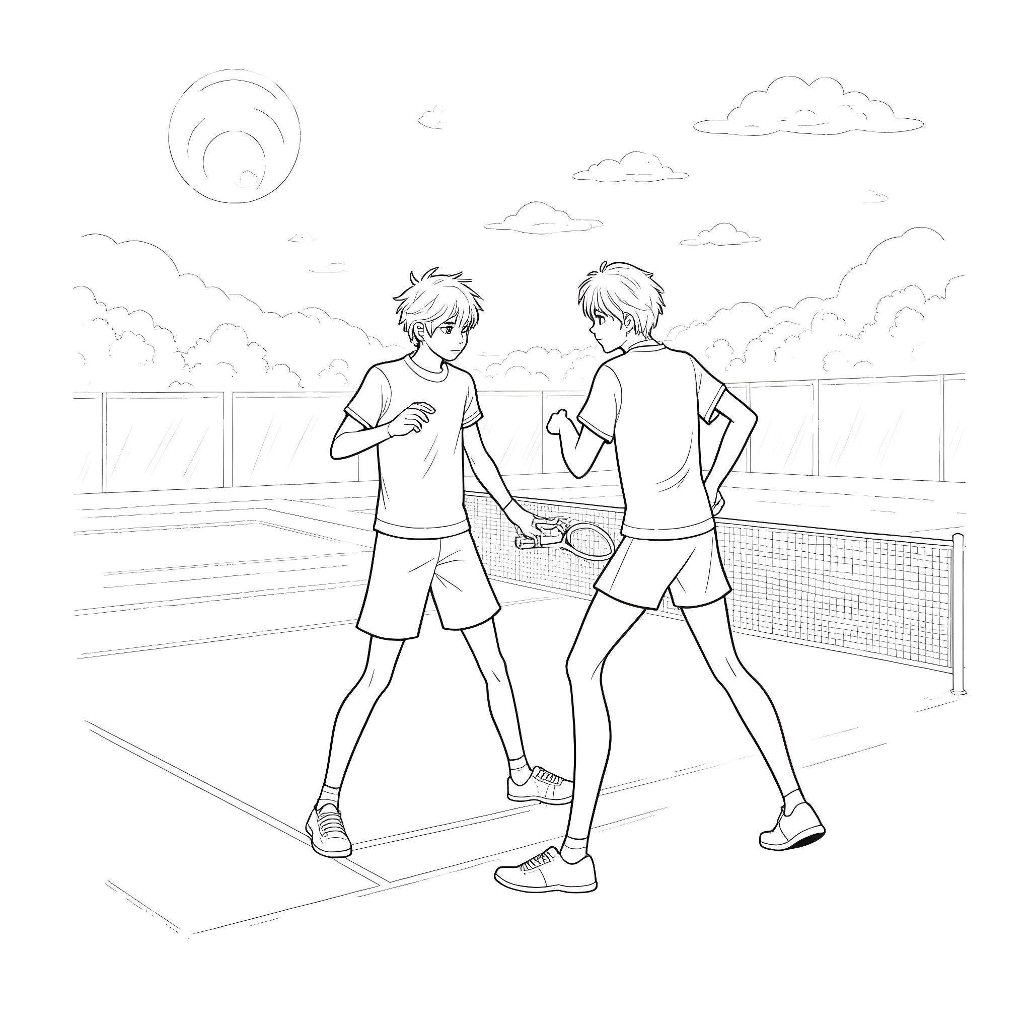 Light and L play tennis on a sunny day Coloring Page (free black-and-white line drawing printable PDF for all, from beginners to advanced learners, including children, teens, adults, and seniors)