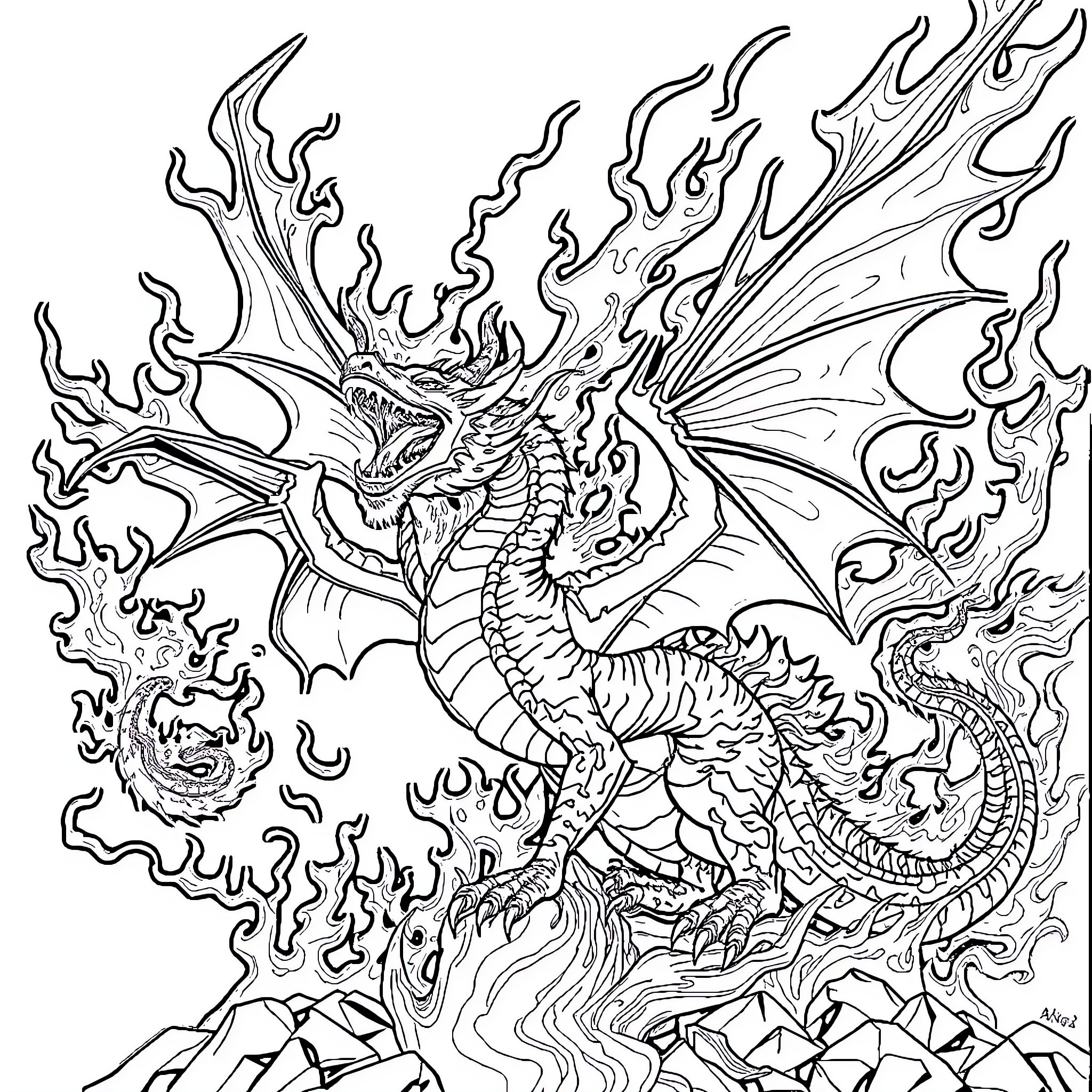 Dragon unleashing fiery power in a majestic display Coloring Page (free black-and-white line drawing printable PDF for all, from beginners to advanced learners, including children, teens, adults, and seniors)