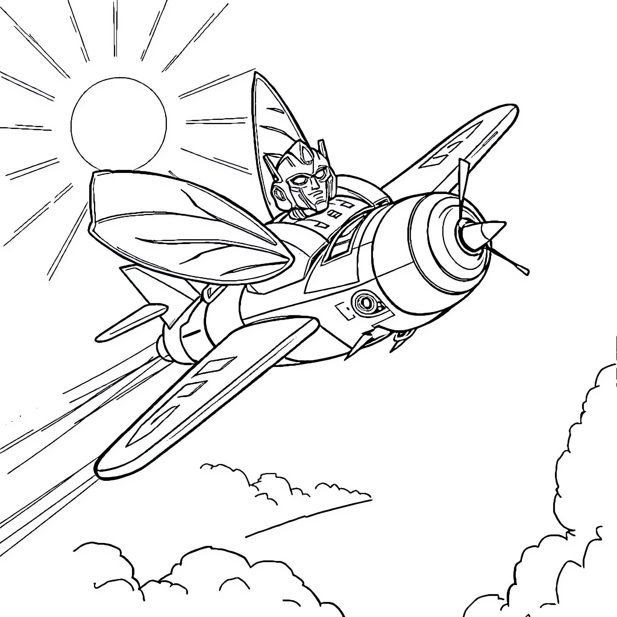 Bumblebee pilot soaring through the sky Coloring Page (free black-and-white line drawing printable PDF for all, from beginners to advanced learners, including children, teens, adults, and seniors)