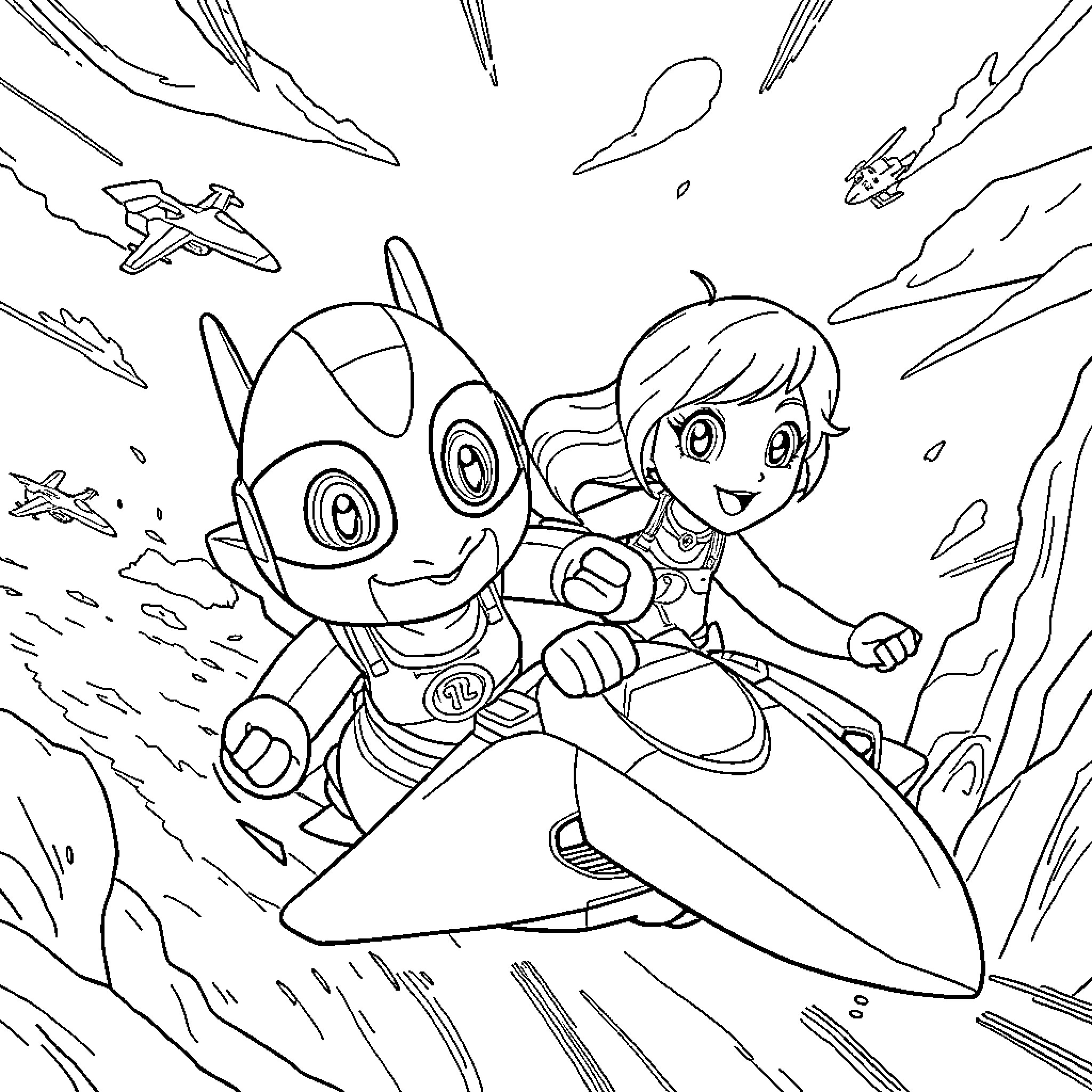 Pat Patrouille characters in action-packed scene Coloring Page (free black-and-white line drawing printable PDF for all, from beginners to advanced learners, including children, teens, adults, and seniors)