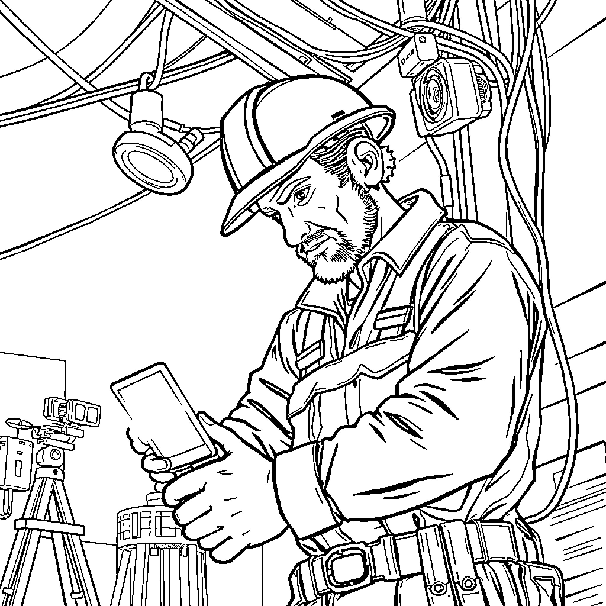 Electrician examining wiring and equipment Coloring Page (free black-and-white line drawing printable PDF for all, from beginners to advanced learners, including children, teens, adults, and seniors)