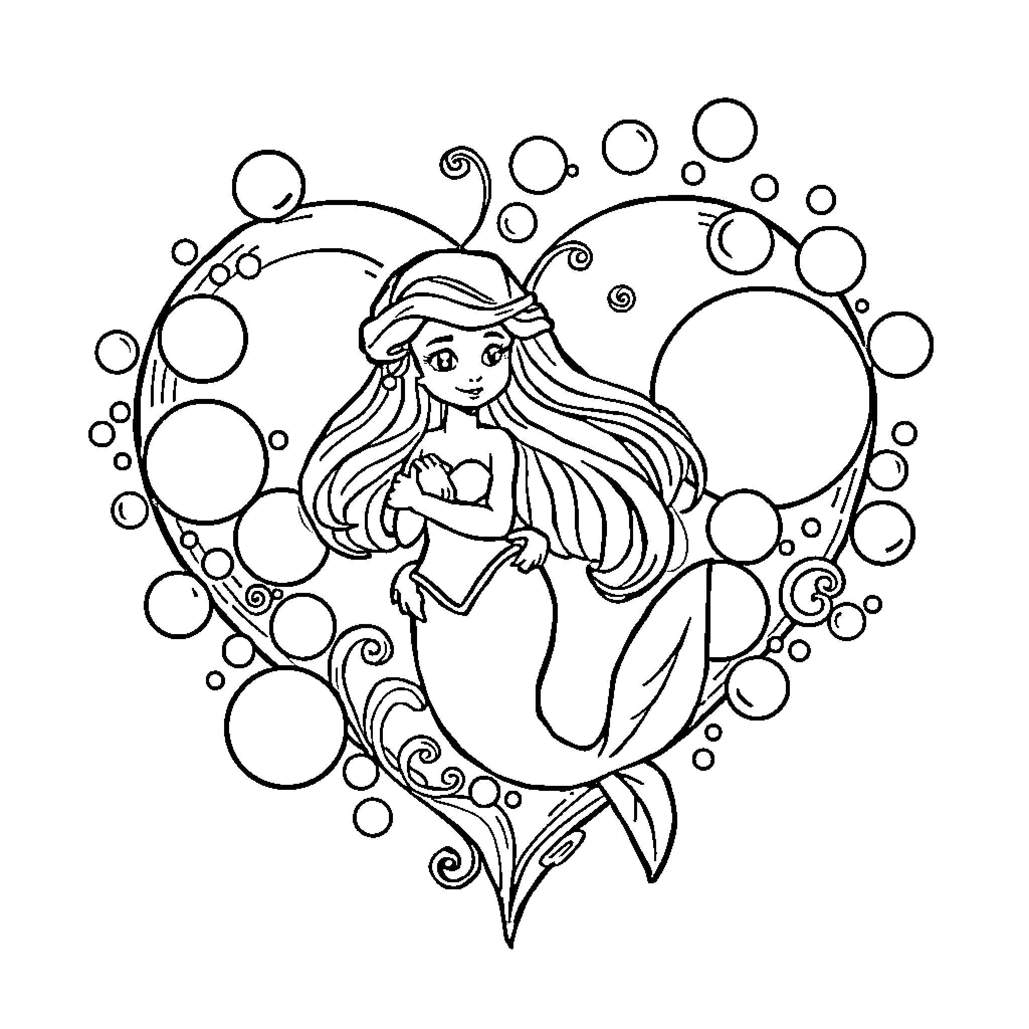 Mermaid swimming gracefully among bubbles Coloring Page (free black-and-white line drawing printable PDF for all, from beginners to advanced learners, including children, teens, adults, and seniors)