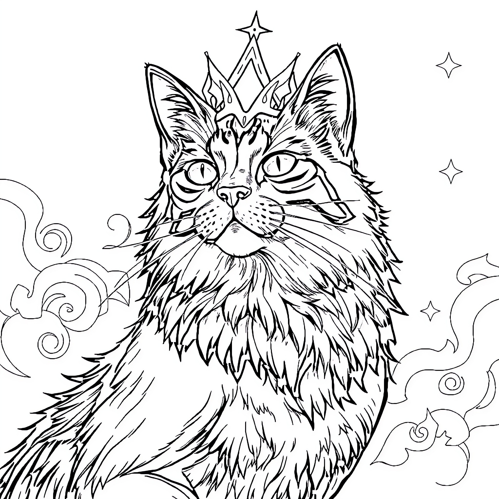 Goddess Cat with Celestial Crown and Mystic Aura Coloring Page (free black-and-white line drawing printable PDF for all, from beginners to advanced learners, including children, teens, adults, and seniors)