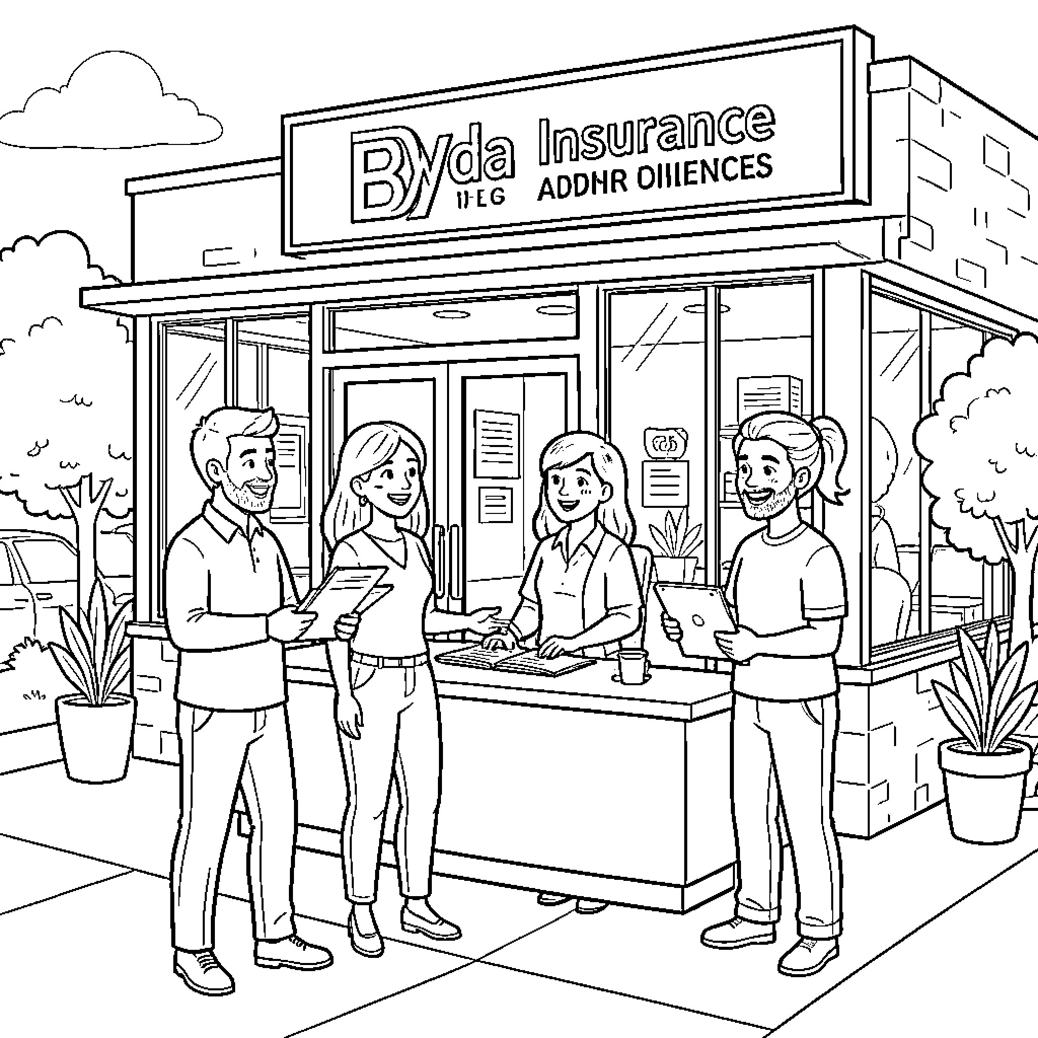 Insurance agents assisting customers at a service counter Coloring Page (free black-and-white line drawing printable PDF for all, from beginners to advanced learners, including children, teens, adults, and seniors)