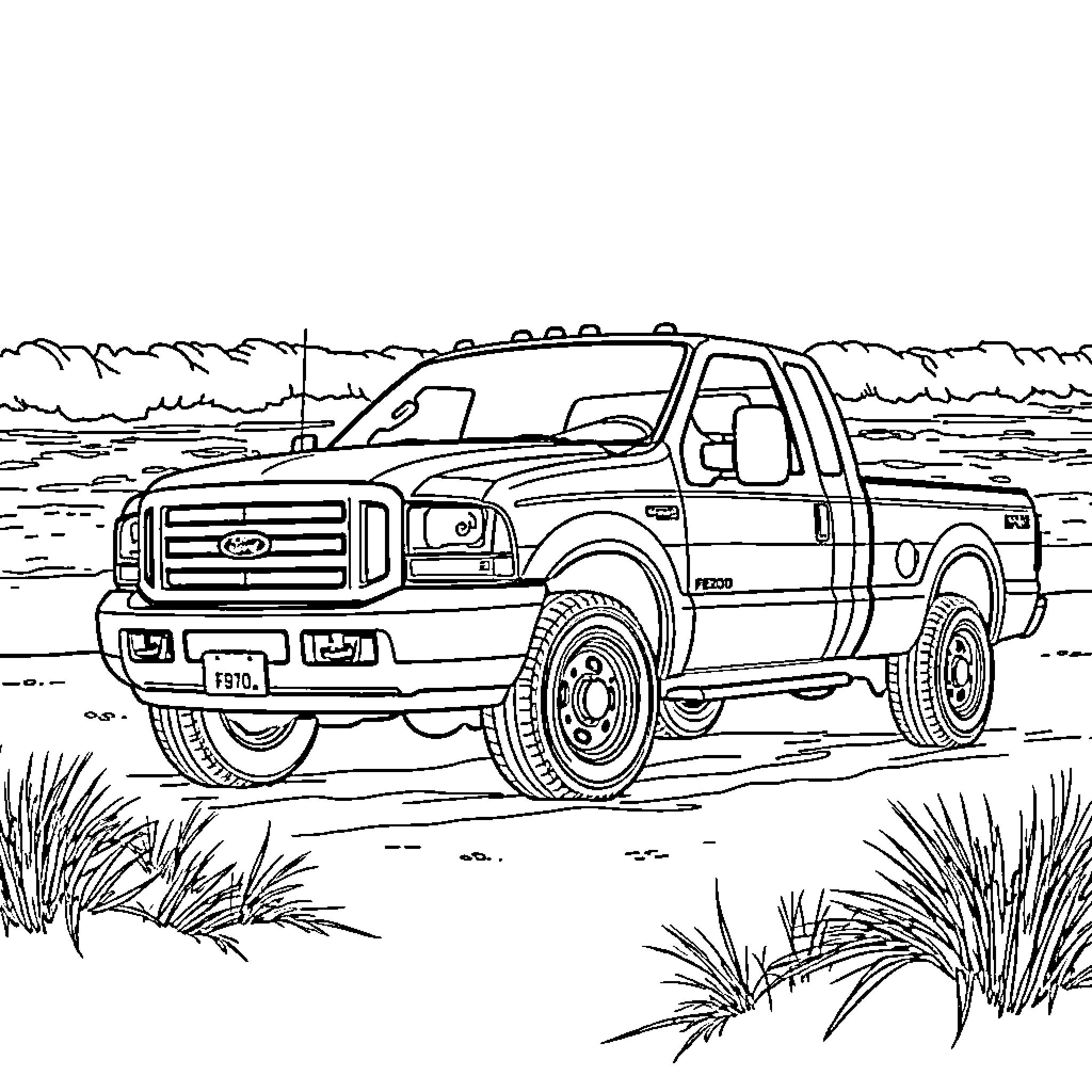 F350 Pickup Truck in Rugged Outdoor Setting Coloring Page (free black-and-white line drawing printable PDF for all, from beginners to advanced learners, including children, teens, adults, and seniors)