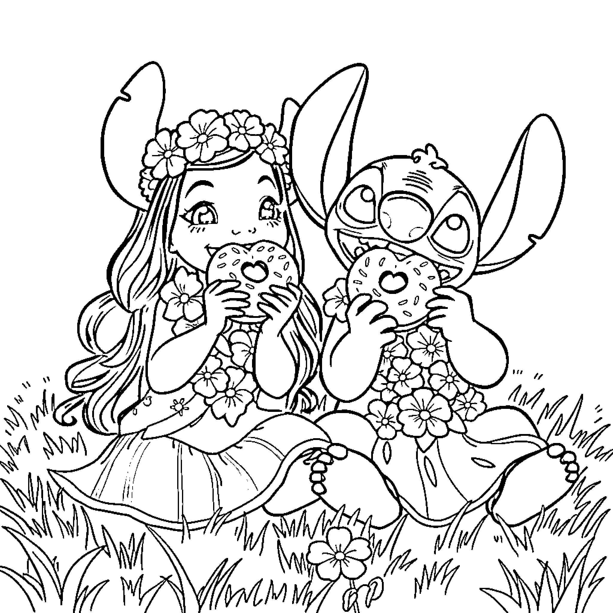 Lilo and Stitch playing with flowers in the meadow Coloring Page (free black-and-white line drawing printable PDF for all, from beginners to advanced learners, including children, teens, adults, and seniors)