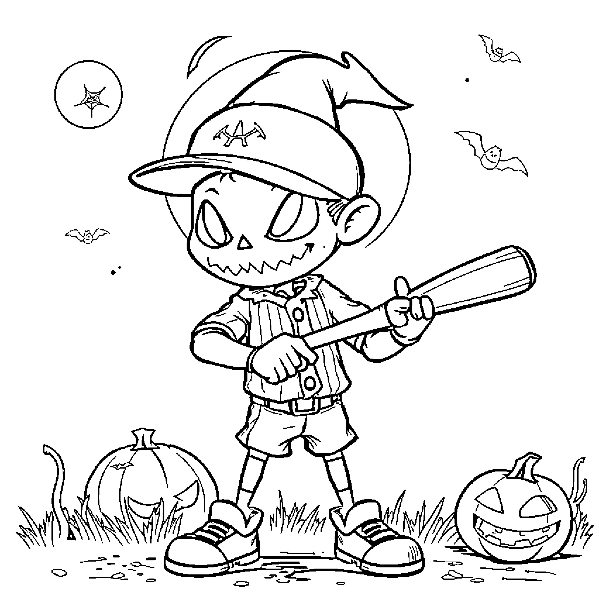 Baseball Player in Spooky Halloween Costume Coloring Page (free black-and-white line drawing printable PDF for all, from beginners to advanced learners, including children, teens, adults, and seniors)