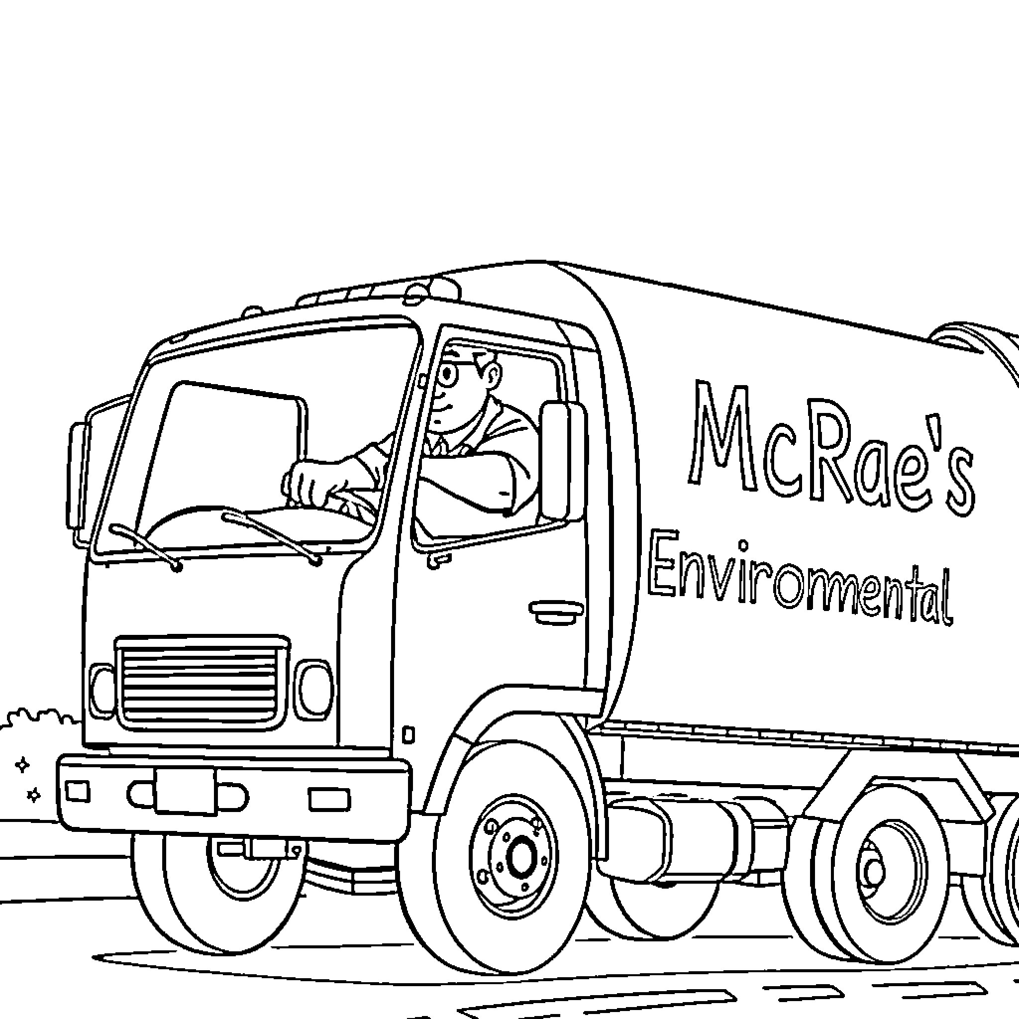 Vac Truck driver operating environmental vehicle Coloring Page (free black-and-white line drawing printable PDF for all, from beginners to advanced learners, including children, teens, adults, and seniors)