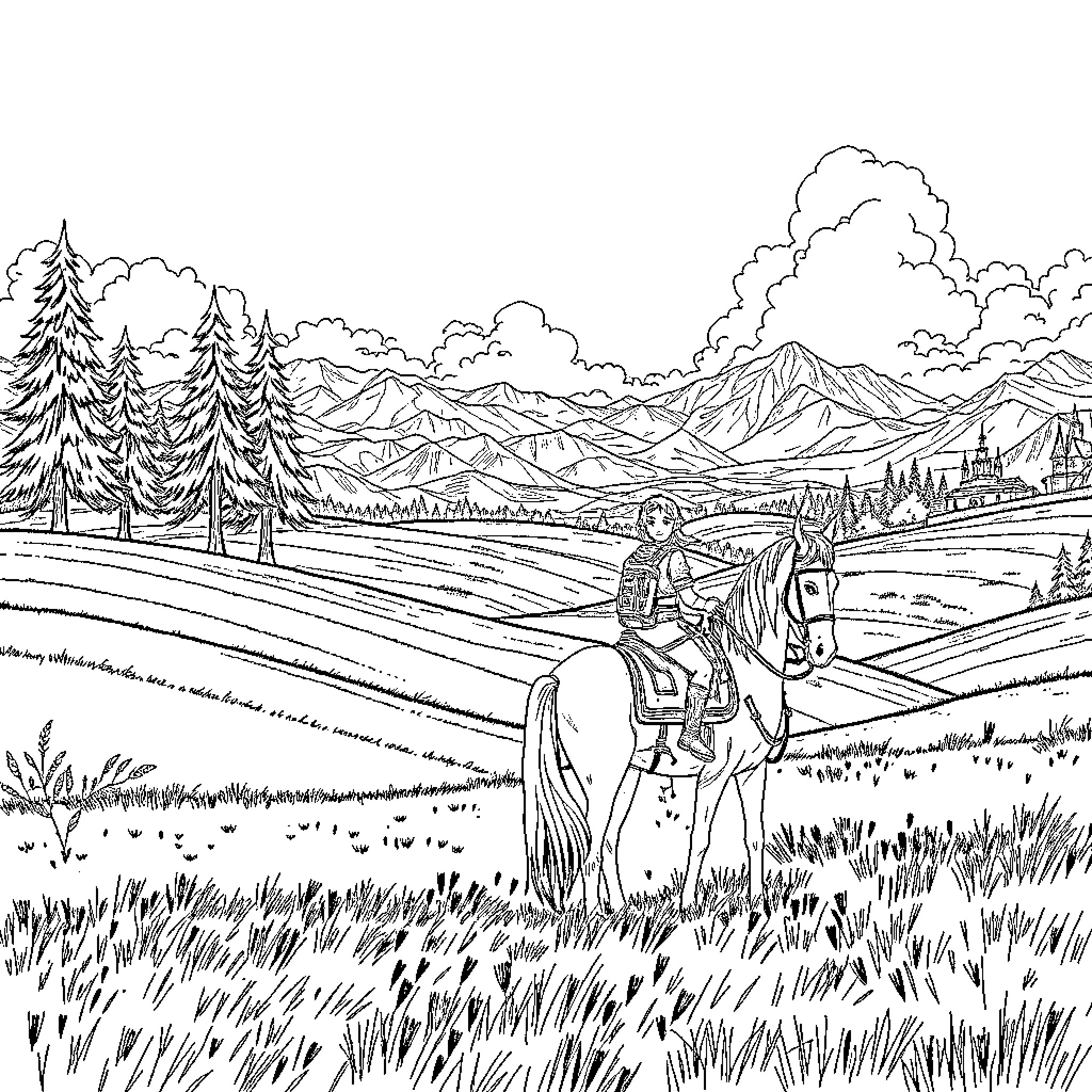 Link Riding Horse Through Scenic Countryside Coloring Page (free black-and-white line drawing printable PDF for all, from beginners to advanced learners, including children, teens, adults, and seniors)